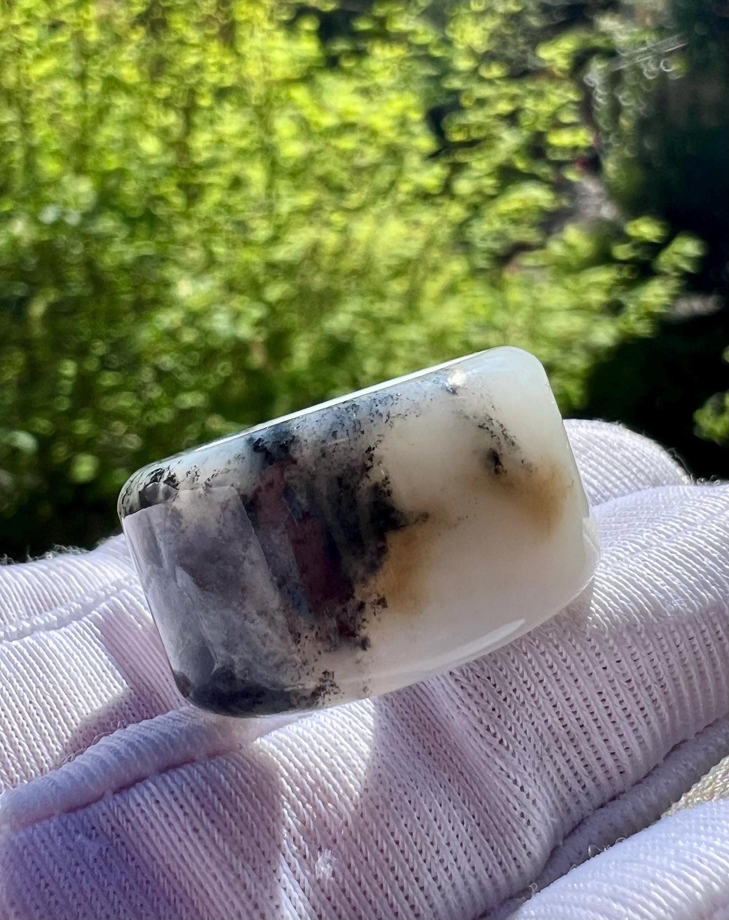 16.9mm Certified natural jade/ black and White nephrite ring/Qinghua nephrite band ring 天然软玉 水墨青花 戒圈 指环 扳指#4218 沁糖色 三色分明 US size 5.5+