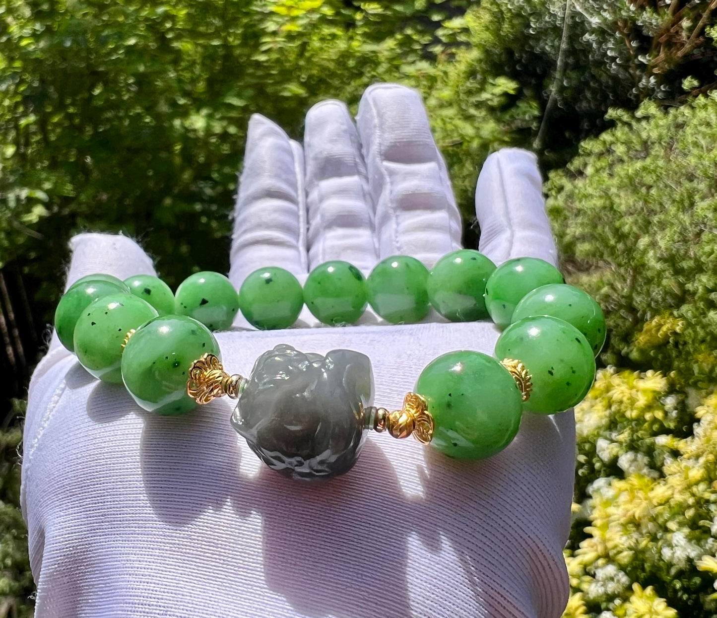 12mm Certified natural nephrite green jade/apple green nephrite bracelet/purple nephrite Lion /天然碧玉手串 翠色果绿 冰紫醒狮 #6897