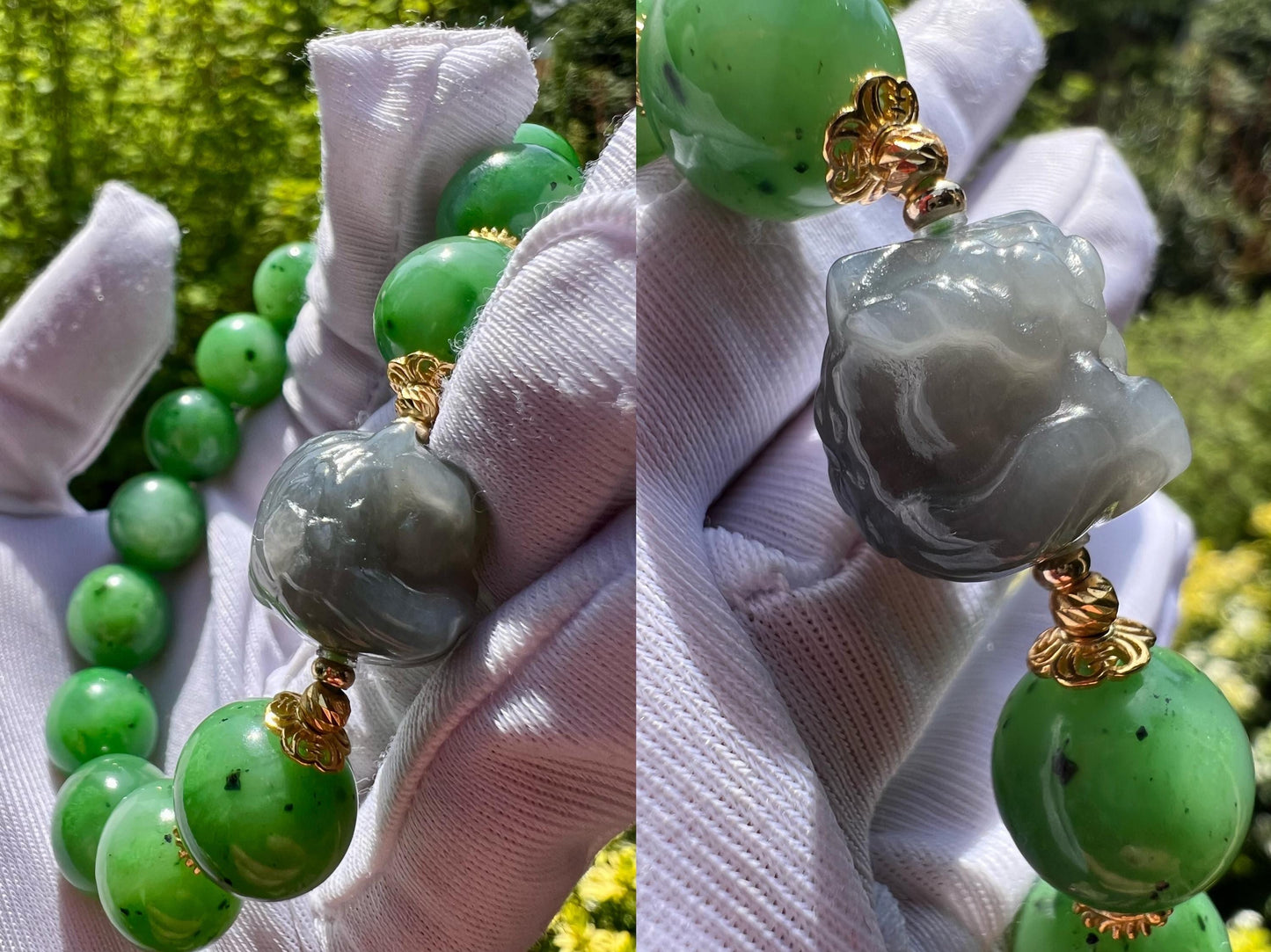 12mm Certified natural nephrite green jade/apple green nephrite bracelet/purple nephrite Lion /天然碧玉手串 翠色果绿 冰紫醒狮 #6897