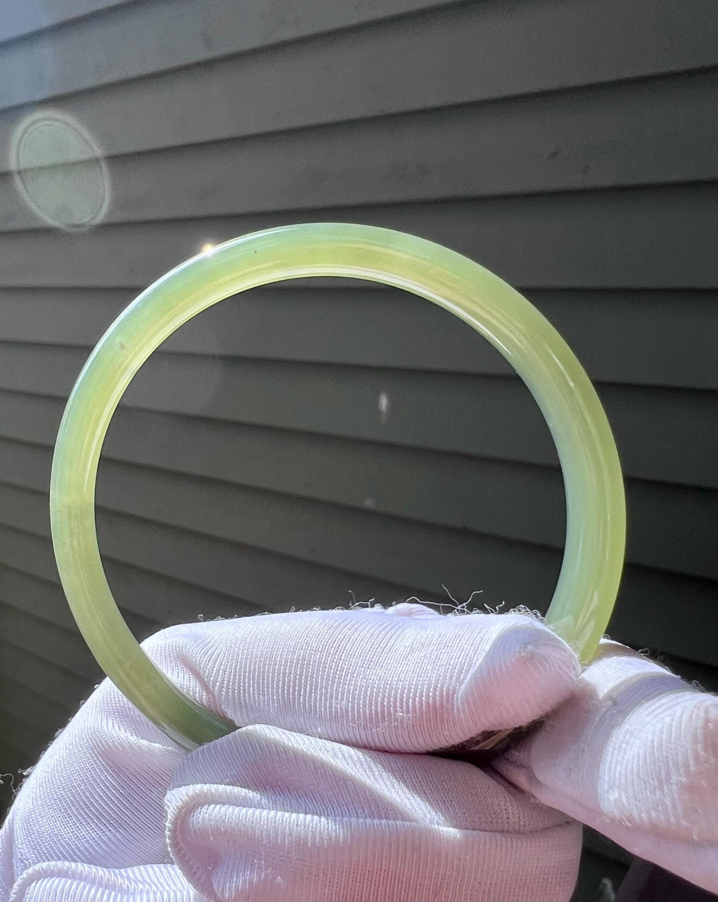 57mm Certified natural icy lake green nephrite Bangle/dangling bangle 天然软玉 湖水绿 细圆条手镯 美人条 叮当镯 冰润起莹光 #0770