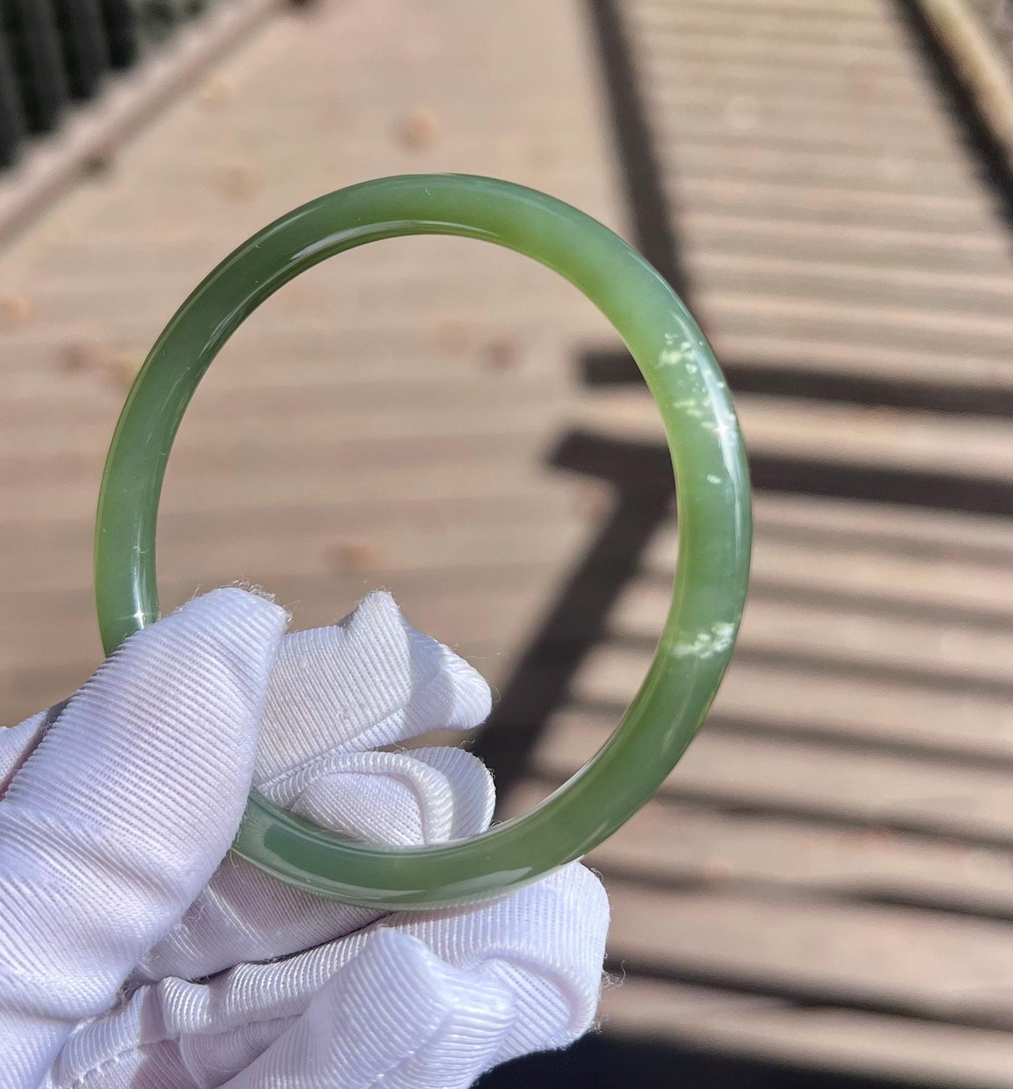 57mm Certified natural icy lake green nephrite Bangle/dangling bangle 天然软玉 湖水绿 细圆条手镯 美人条 叮当镯 冰润起莹光 #0770