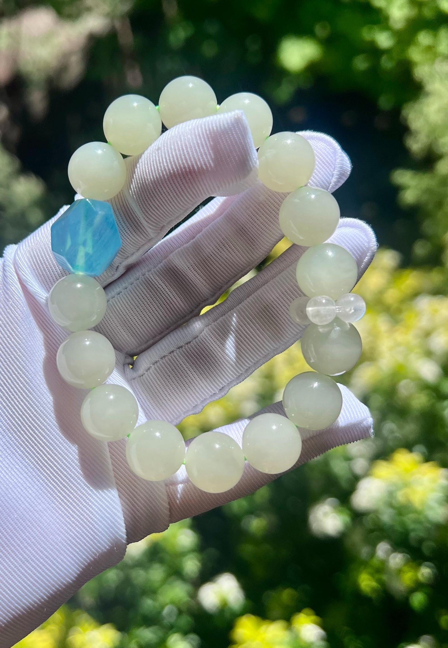 12mm Certified natural nephrite Bracelet/Qinghai light white green nephrite/ Ice blue Aquamarine/Blue Moonstone 天然软玉 老矿晴水料 浅白晴手串#1783搭配 海蓝宝 蓝月光