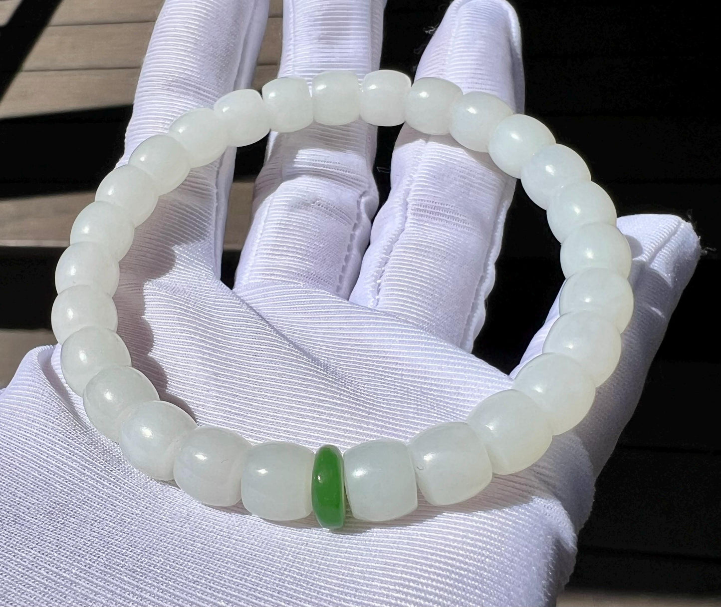 8*7mm Certified natural jade/oily white Nephrite bracelet/straight cut beads/soft matte finish 天然软玉 白玉手串 极限弧精工直切老型珠 老料白玉 柔亮光#3494 碧玉隔珠