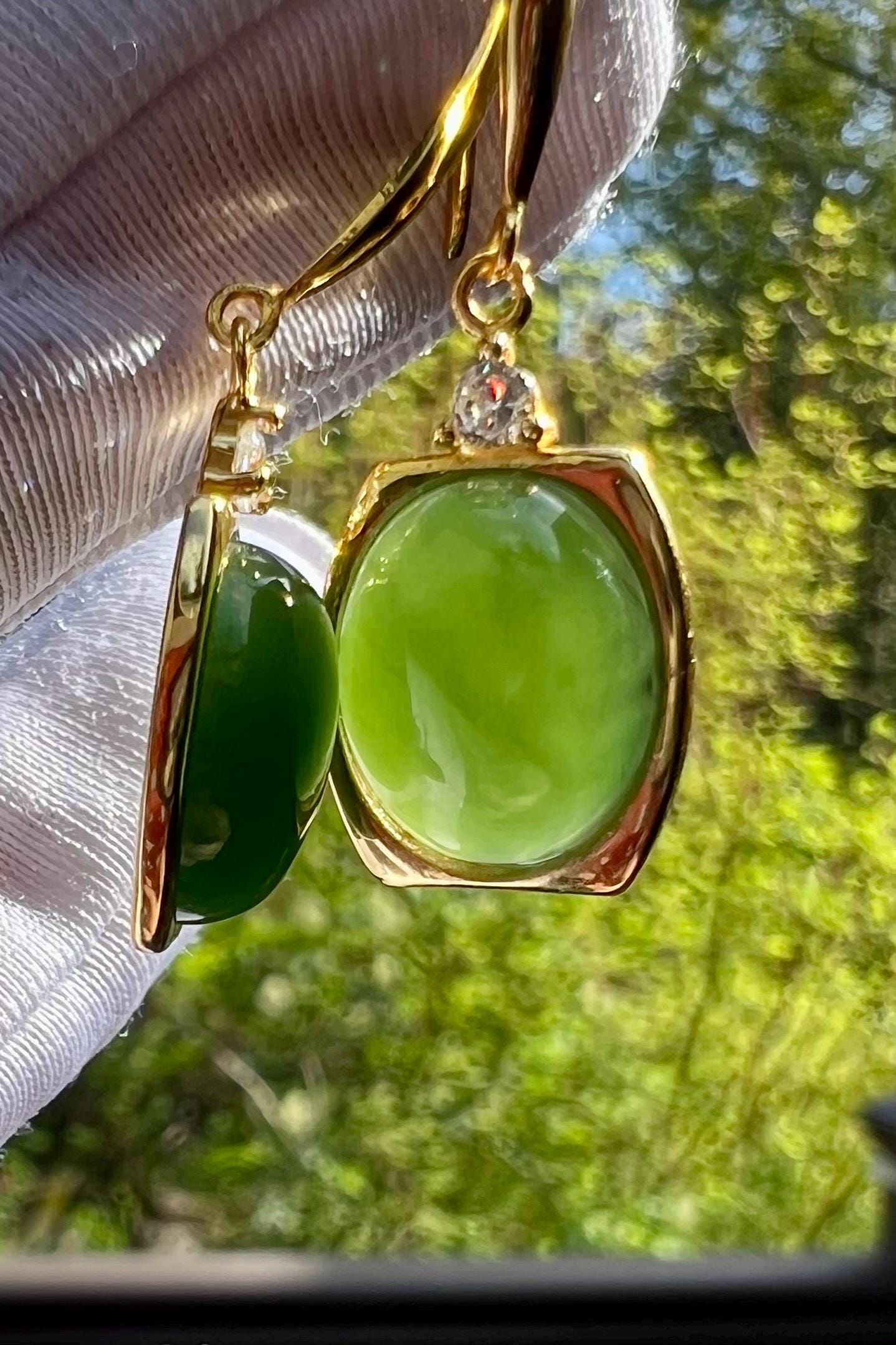 Certified natural nephrite green jade/green nephrite oval shaped earrings/S925 hook earrings 天然碧玉蛋面耳环 纯银耳钩#0064