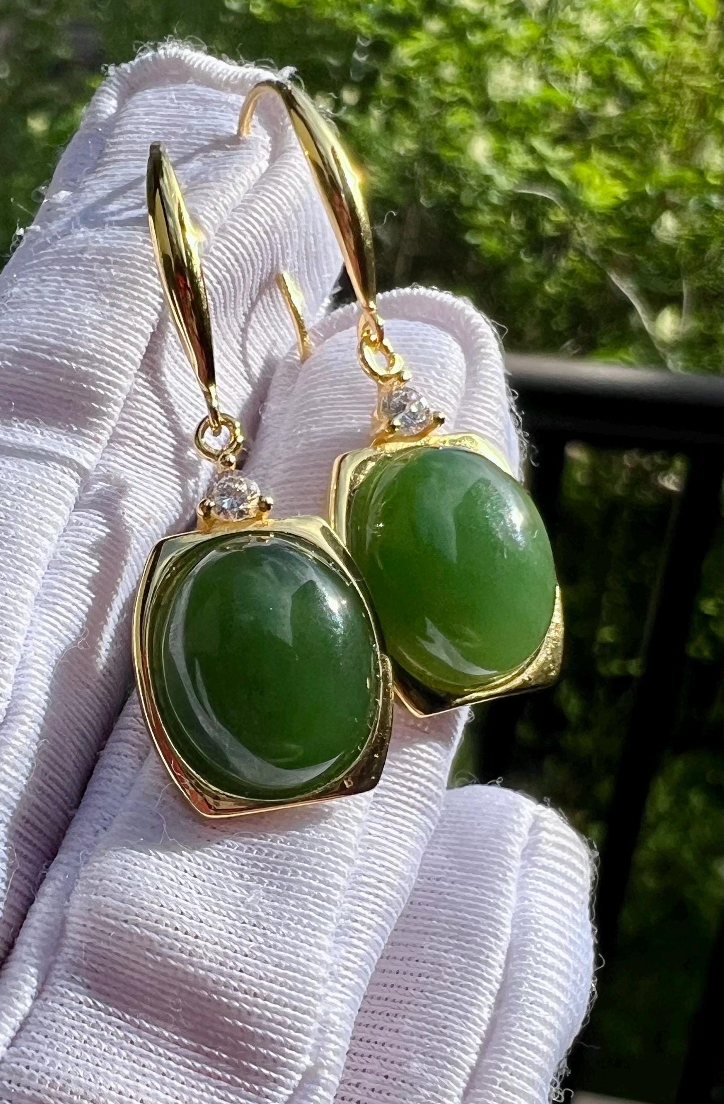 Certified natural nephrite green jade/green nephrite oval shaped earrings/S925 hook earrings 天然碧玉蛋面耳环 纯银耳钩#0064