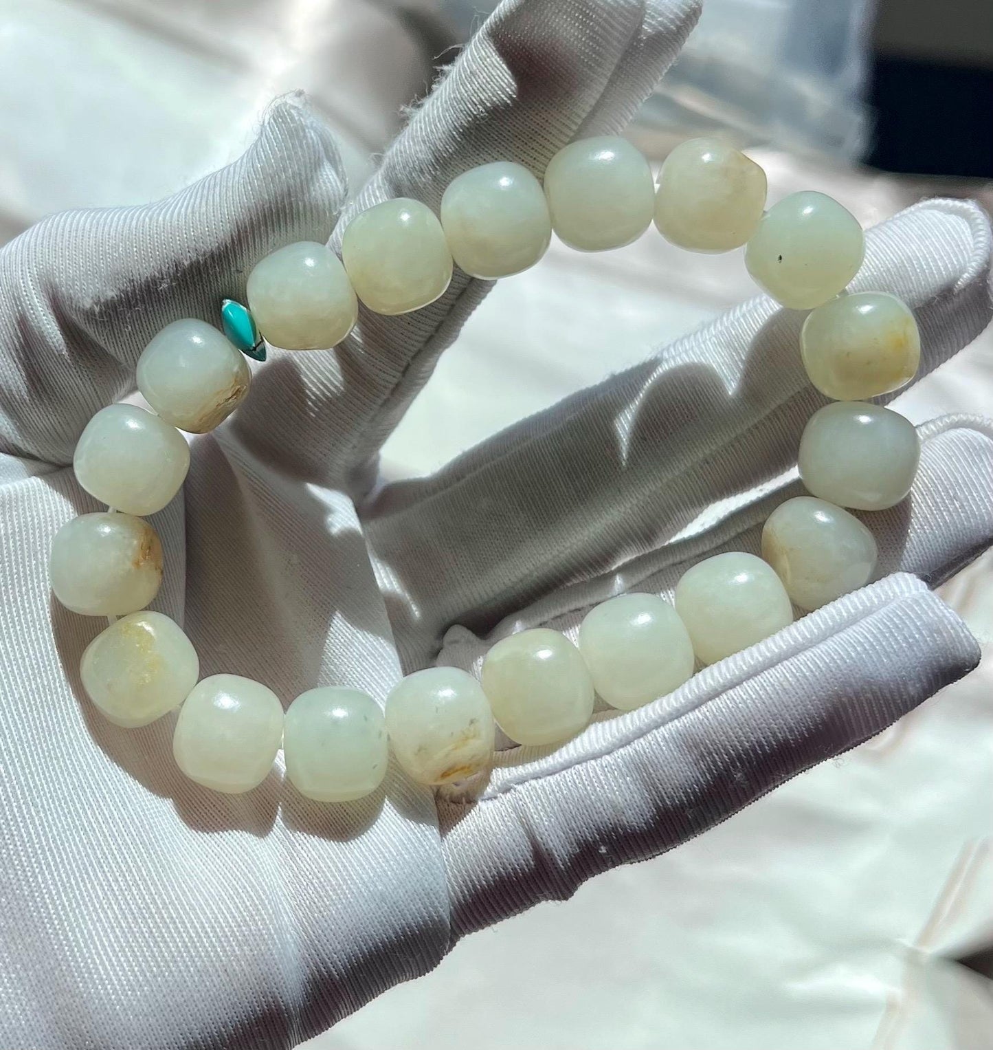 Certified natural jade white Nephrite bracelet/ warm whitebarrel beads 天然籽料白玉 手串 暖白#7288