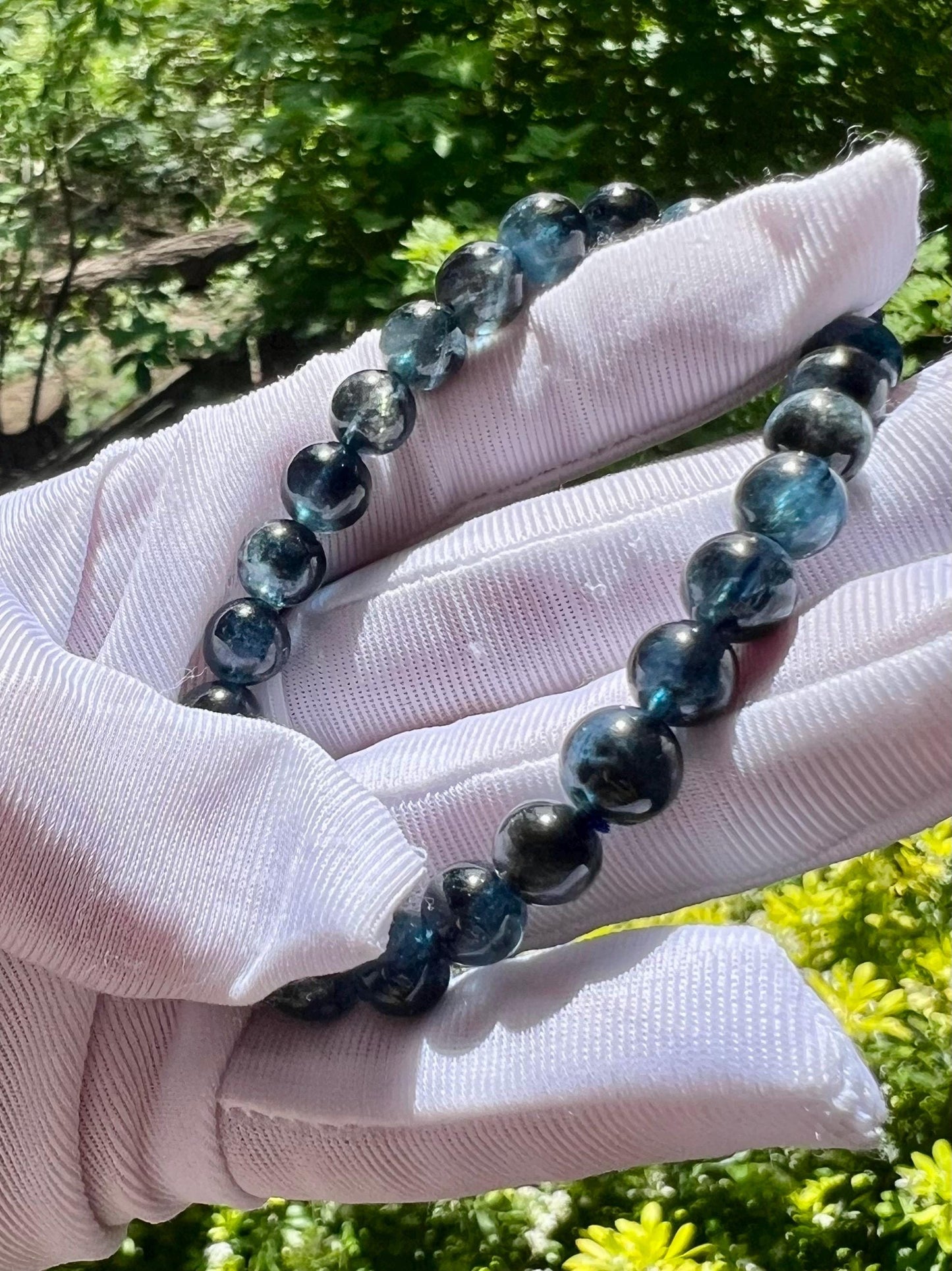 Certified natual dark blue star light Aquamarine Bracelets, high clarity, March birthstone, 天然精品浓郁深邃星光黑云母海蓝宝手串 闪 透 #4266