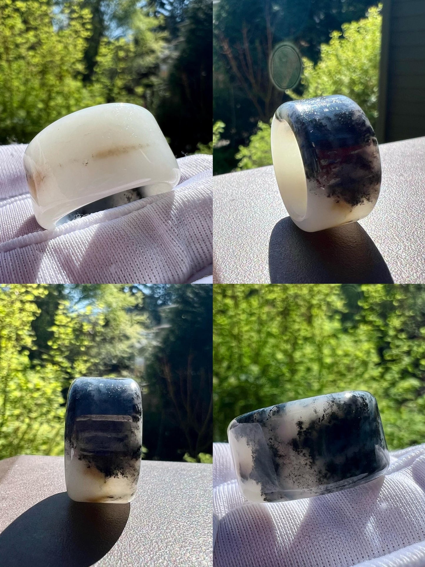 16.9mm Certified natural jade/ black and White nephrite ring/Qinghua nephrite band ring 天然软玉 水墨青花 戒圈 指环 扳指#4218 沁糖色 三色分明 US size 5.5+