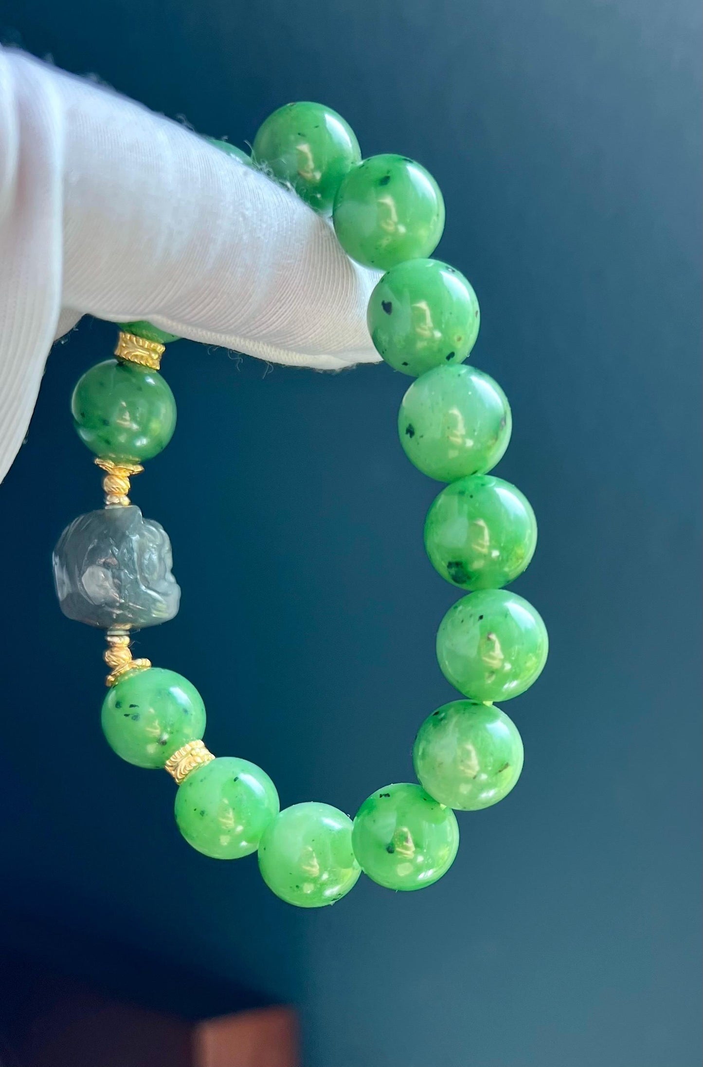 12mm Certified natural nephrite green jade/apple green nephrite bracelet/purple nephrite Lion /天然碧玉手串 翠色果绿 冰紫醒狮 #6897