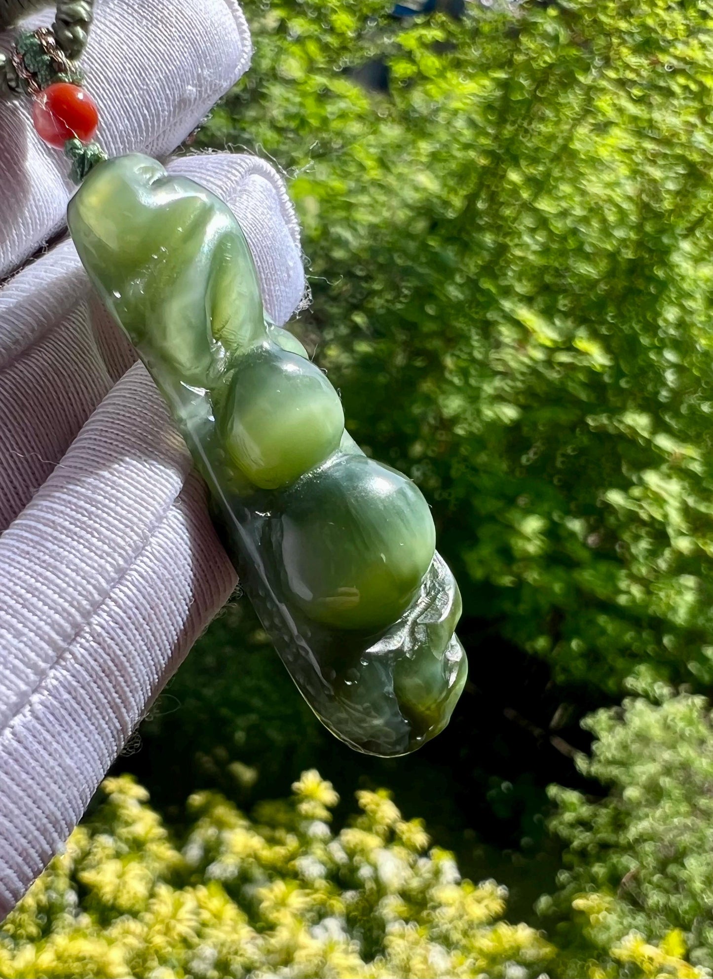 Certified natural nephrite green jade/Siberian bluish green nephrite carved gourd pendant necklace/chatoyant green nephrite 天然碧玉 猫眼鸭蛋青 单面雕刻葫芦 吊坠#1709