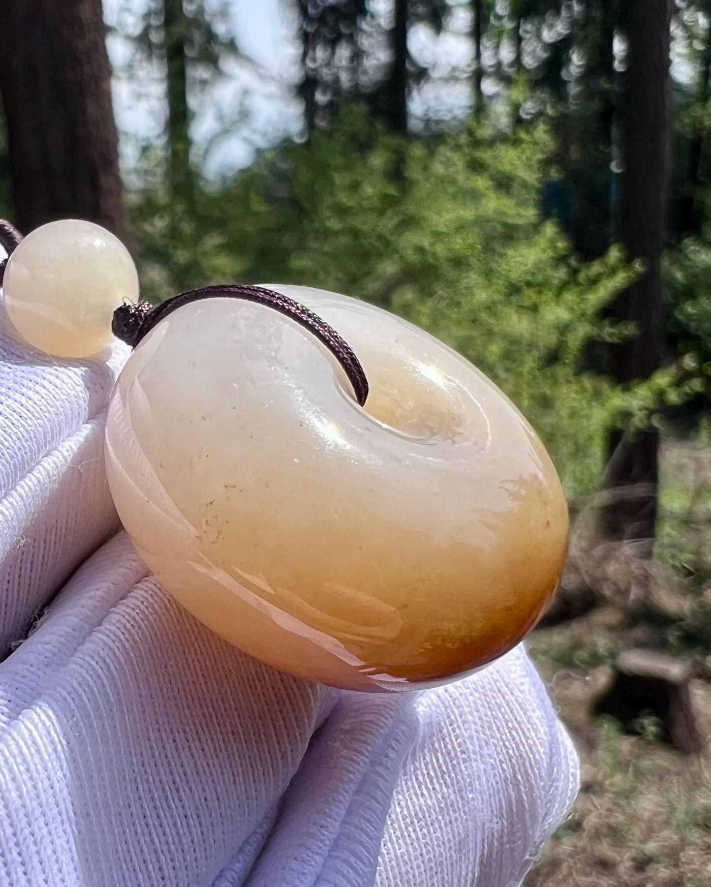 Certified natural jade/brown White Nephrite donut pendant/circle safety pendant/ 天然鹅料糖白玉 平安扣 吊坠 项链 #3485 油润