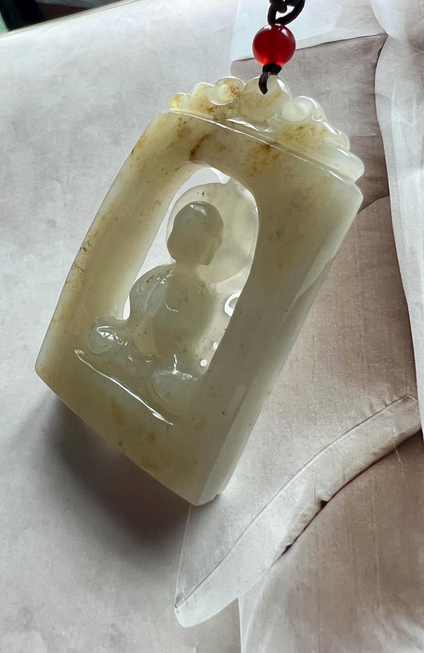 Certified natural jade/Yulong river Nephrite carved Enlightenment pendant/natural sprinkle golden skin color/天然软玉 白玉无事牌 吊坠 #5406 无相 悟道 洒金皮