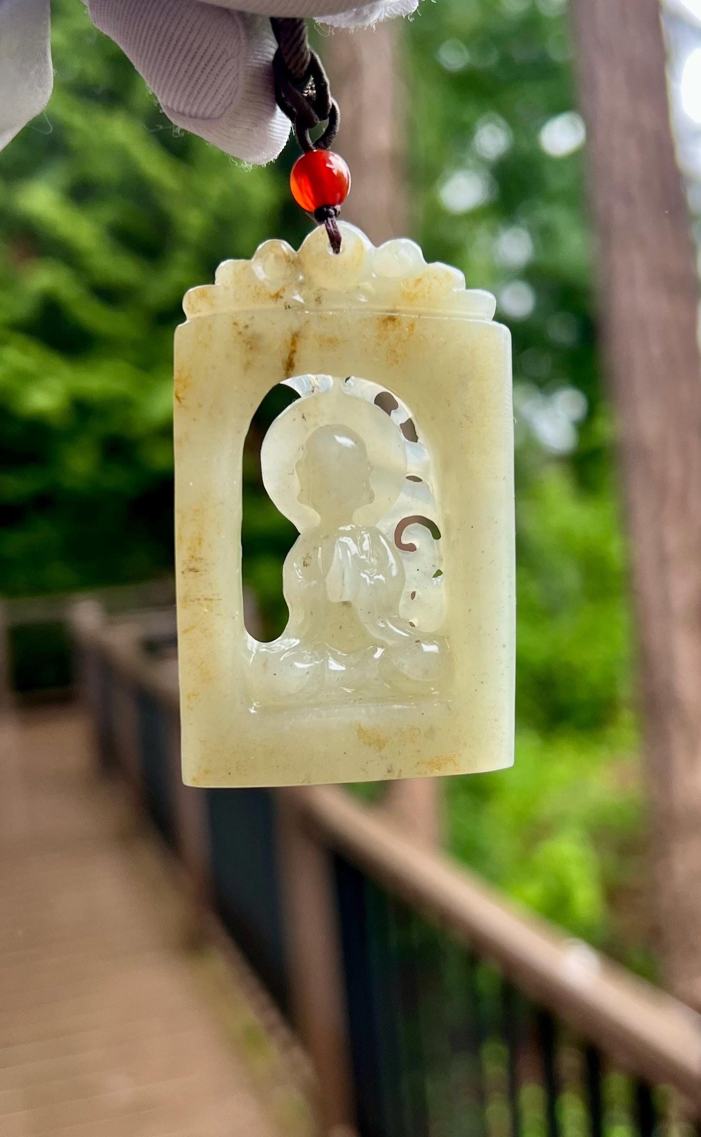 Certified natural jade/Yulong river Nephrite carved Enlightenment pendant/natural sprinkle golden skin color/天然软玉 白玉无事牌 吊坠 #5406 无相 悟道 洒金皮
