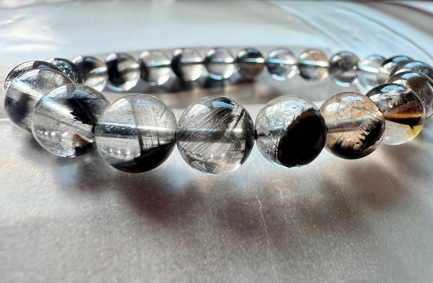 9~9.3mm Certified natural Brookite quartz bracelet/platy silver brookite /with Hematoid 天然黑银钛手链 板钛 黑银钛共生胶花#8381 净透无棉