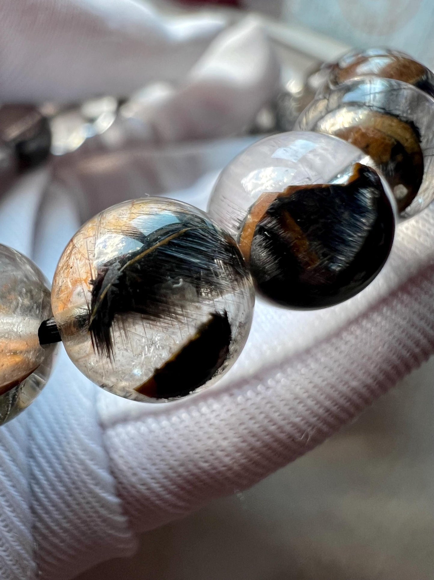 9~9.3mm Certified natural Brookite quartz bracelet/platy silver brookite /with Hematoid 天然黑银钛手链 板钛 黑银钛共生胶花#8381 净透无棉