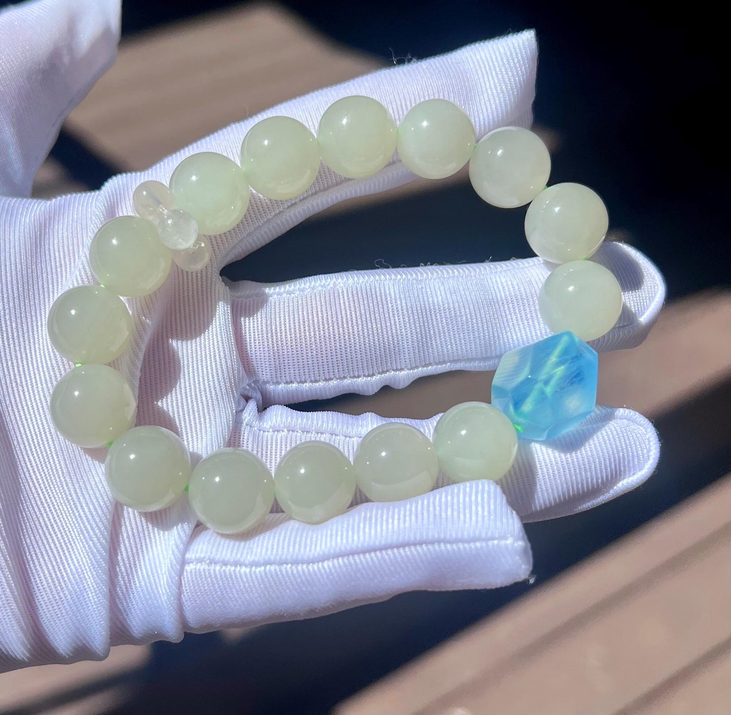 12mm Certified natural nephrite Bracelet/Qinghai light white green nephrite/ Ice blue Aquamarine/Blue Moonstone 天然软玉 老矿晴水料 浅白晴手串#1783搭配 海蓝宝 蓝月光