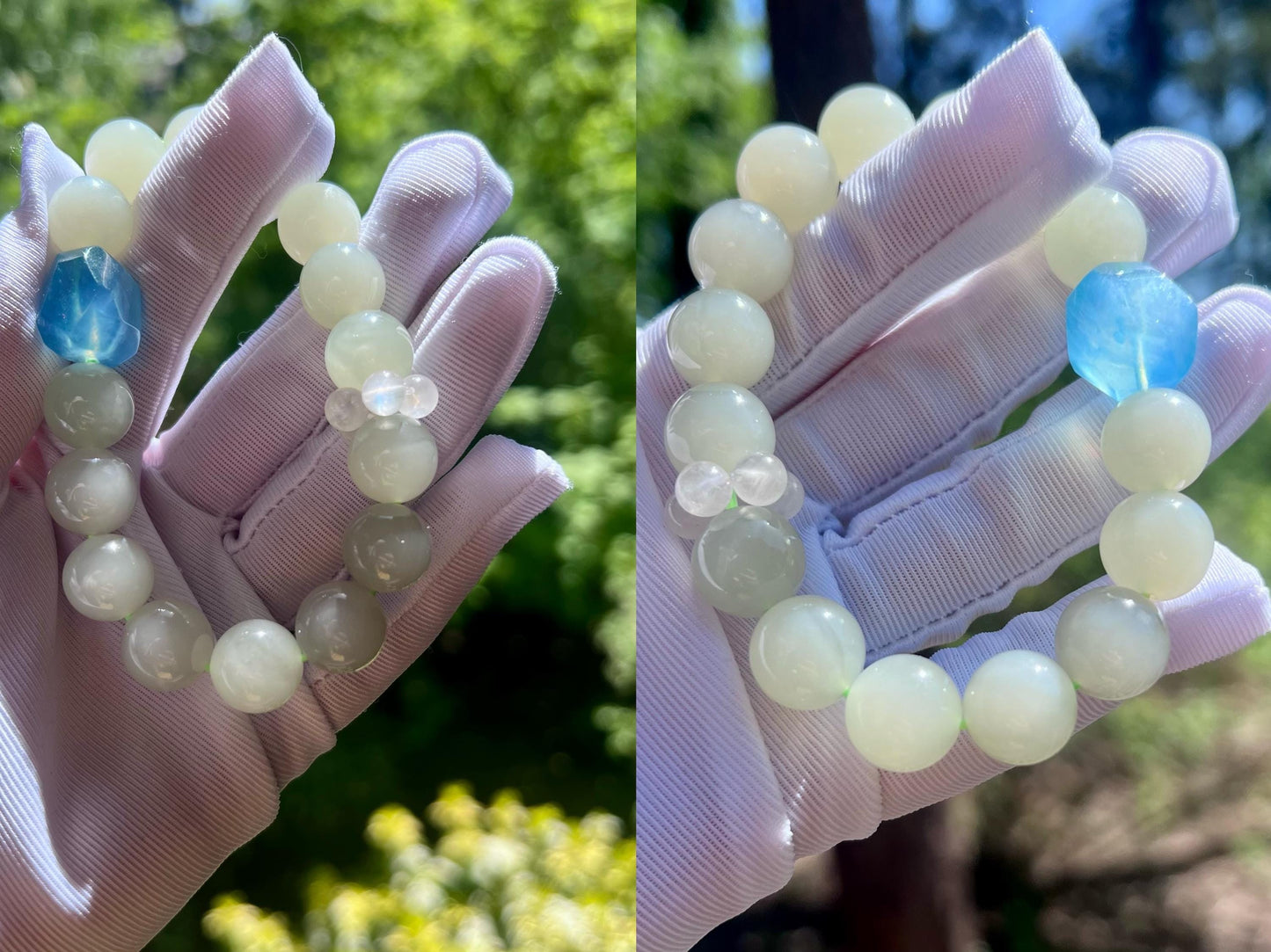 12mm Certified natural nephrite Bracelet/Qinghai light white green nephrite/ Ice blue Aquamarine/Blue Moonstone 天然软玉 老矿晴水料 浅白晴手串#1783搭配 海蓝宝 蓝月光