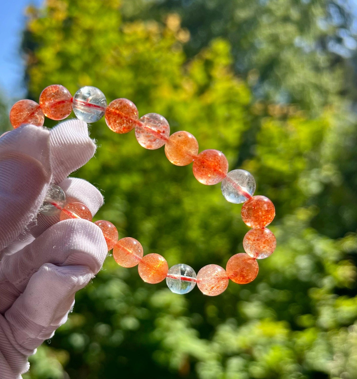 9.5mm Certified natural high quality Arusha bracelet, golden sunstone and light green Beryl/powerful crystal 天然阿鲁沙金太阳石金草莓绿柱石共生手串 #5502