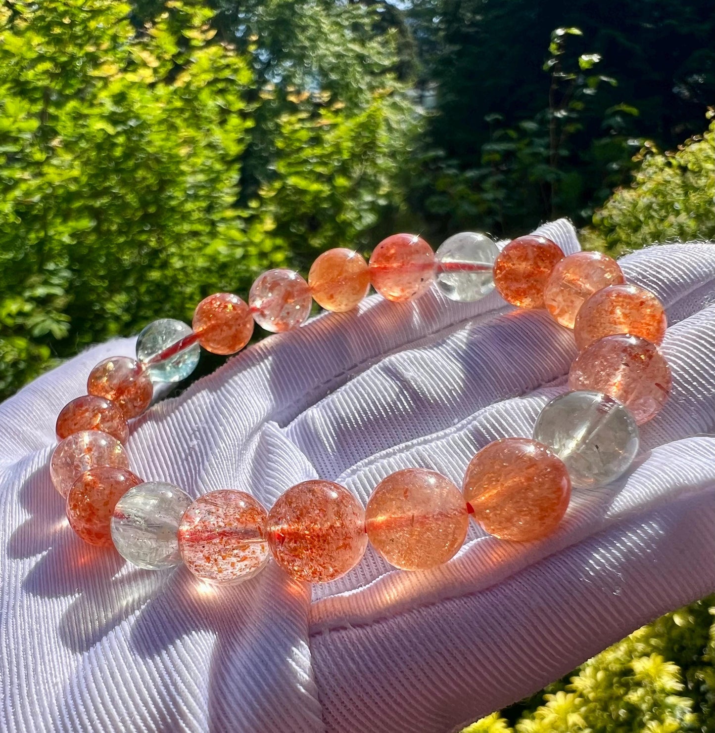 9.5mm Certified natural high quality Arusha bracelet, golden sunstone and light green Beryl/powerful crystal 天然阿鲁沙金太阳石金草莓绿柱石共生手串 #5502