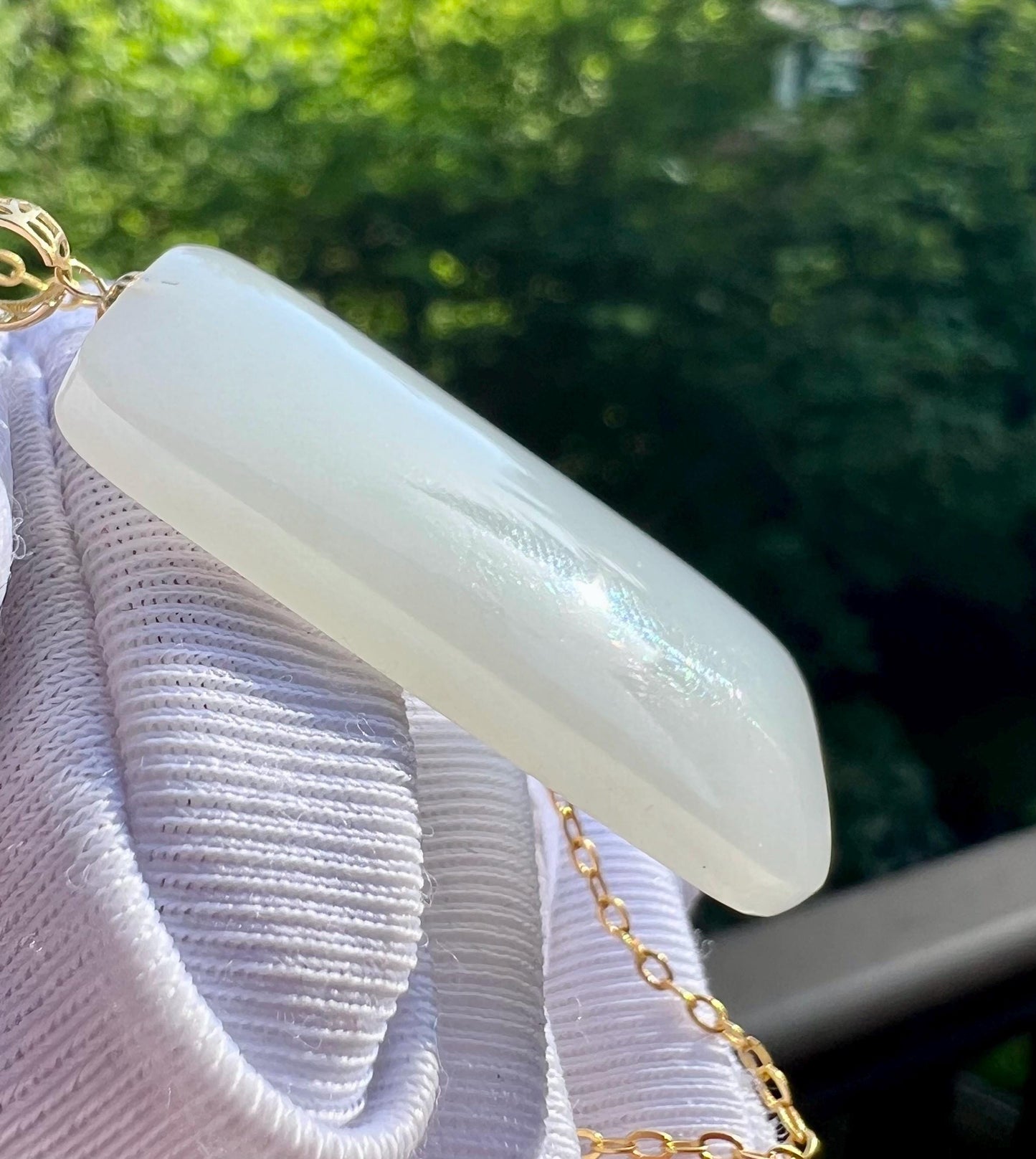 Certified natural jade / Siberian white nephrite/rectangle pendant necklace/gold 18k 天然精品 软玉 俄料白玉长方形吊坠 无事牌 18k金扣头#2722 细料一级白
