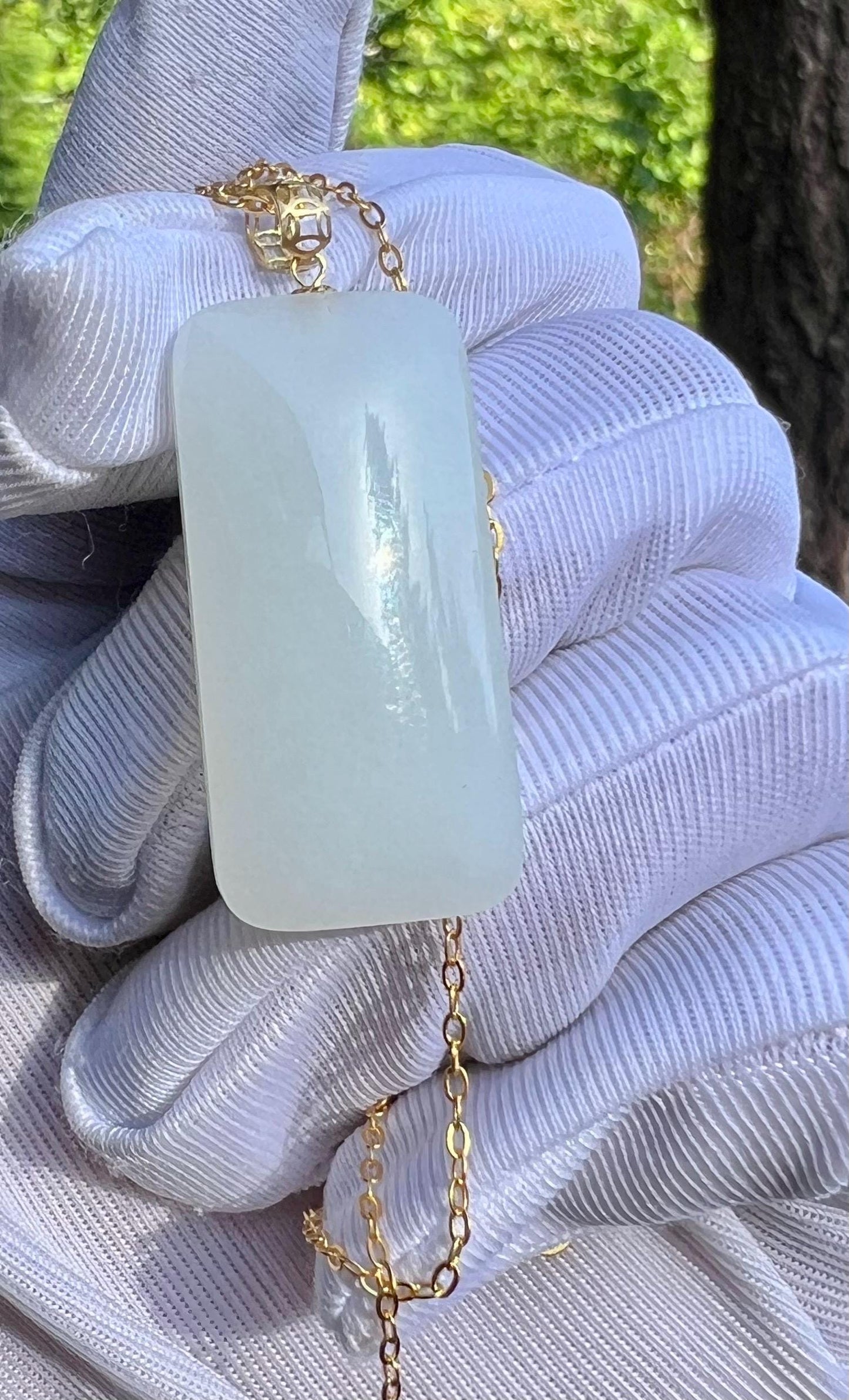 Certified natural jade / Siberian white nephrite/rectangle pendant necklace/gold 18k 天然精品 软玉 俄料白玉长方形吊坠 无事牌 18k金扣头#2722 细料一级白