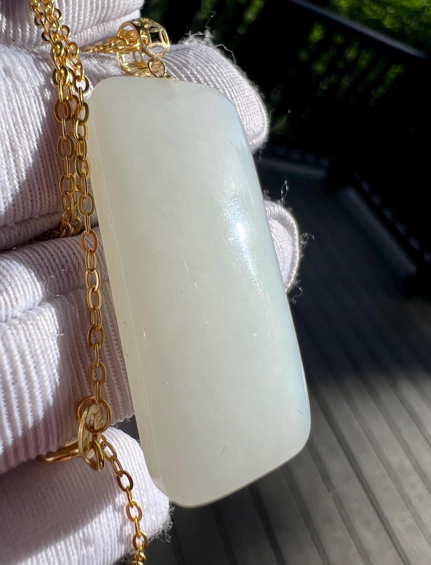 Certified natural jade / Siberian white nephrite/rectangle pendant necklace/gold 18k 天然精品 软玉 俄料白玉长方形吊坠 无事牌 18k金扣头#2722 细料一级白