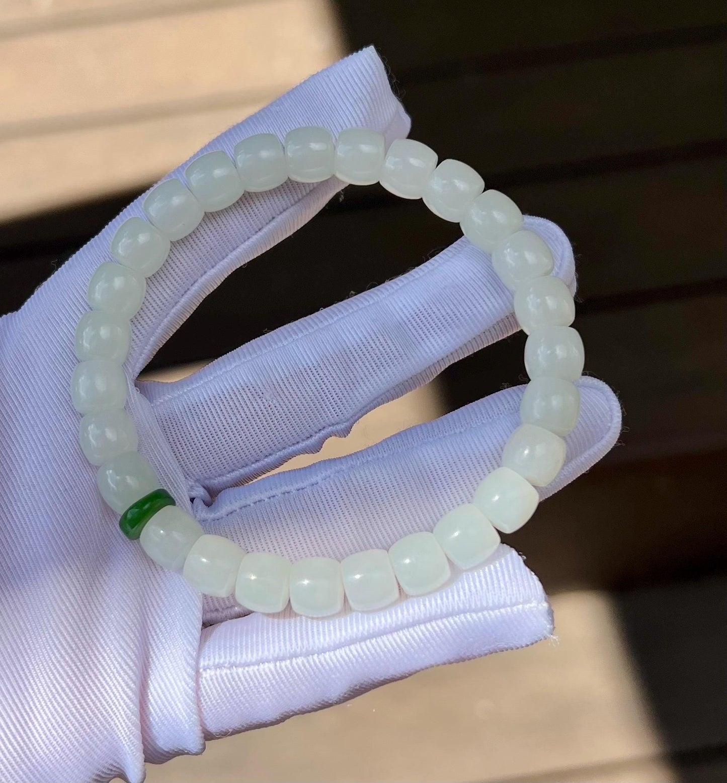 8*7mm Certified natural jade/oily white Nephrite bracelet/straight cut beads/soft matte finish 天然软玉 白玉手串 极限弧精工直切老型珠 老料白玉 柔亮光#3494 碧玉隔珠