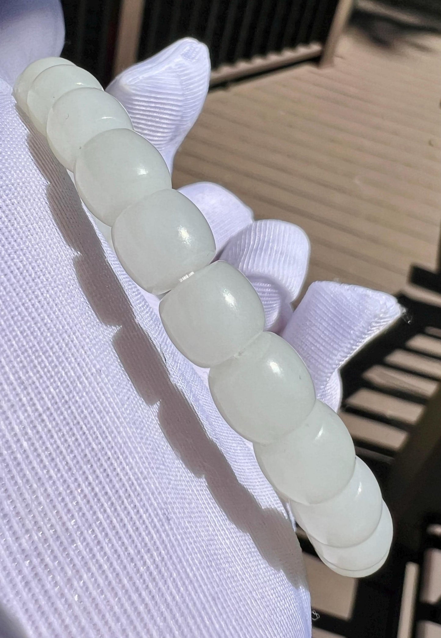 8*7mm Certified natural jade/oily white Nephrite bracelet/straight cut beads/soft matte finish 天然软玉 白玉手串 极限弧精工直切老型珠 老料白玉 柔亮光#3494 碧玉隔珠