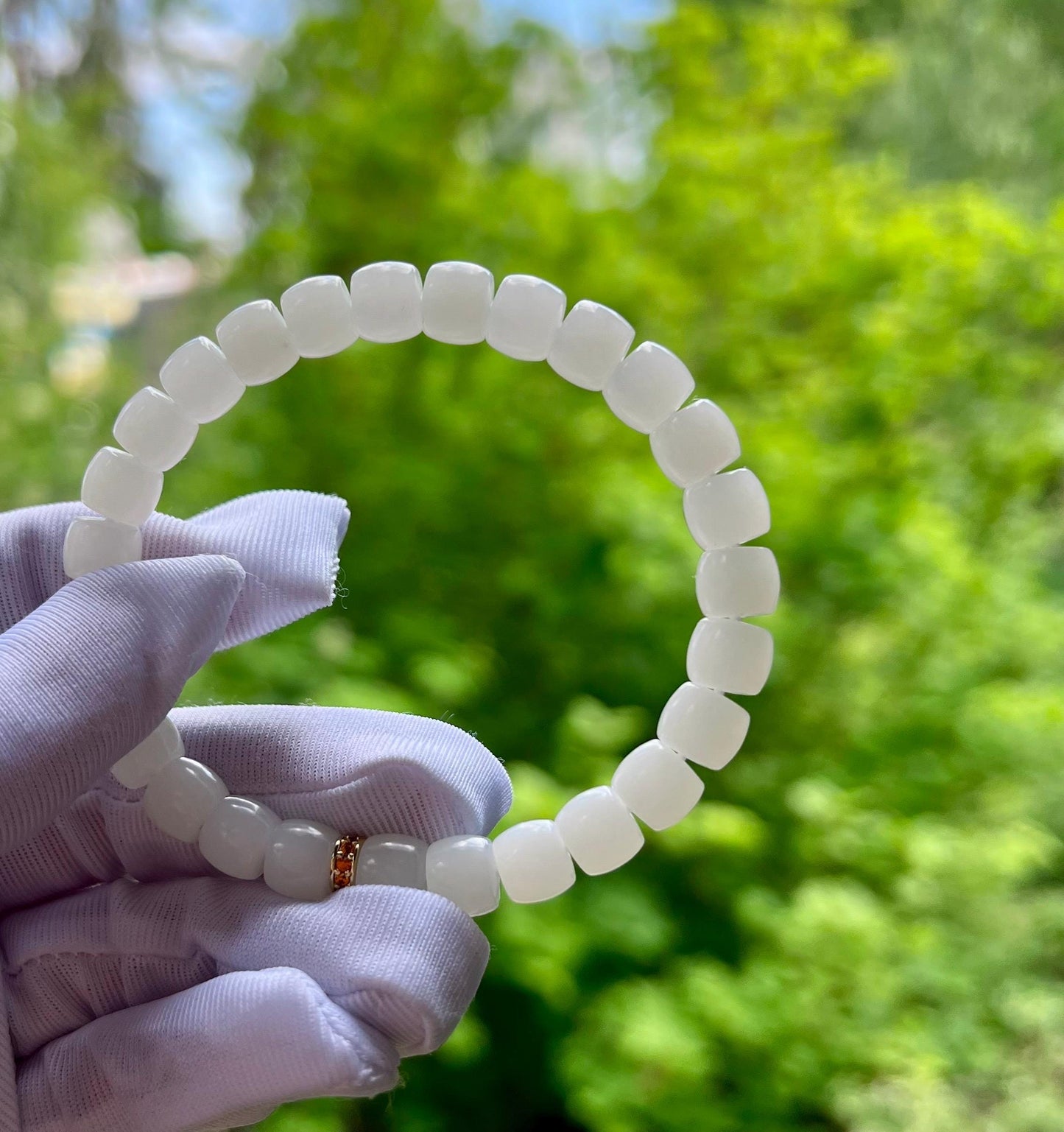 7.8*6.7mm Certified natural jade/Siberian oily white Nephrite bracelet/straight cut beads/天然白玉手串 极限弧精工直切老型珠 柔亮光#4223 润白细