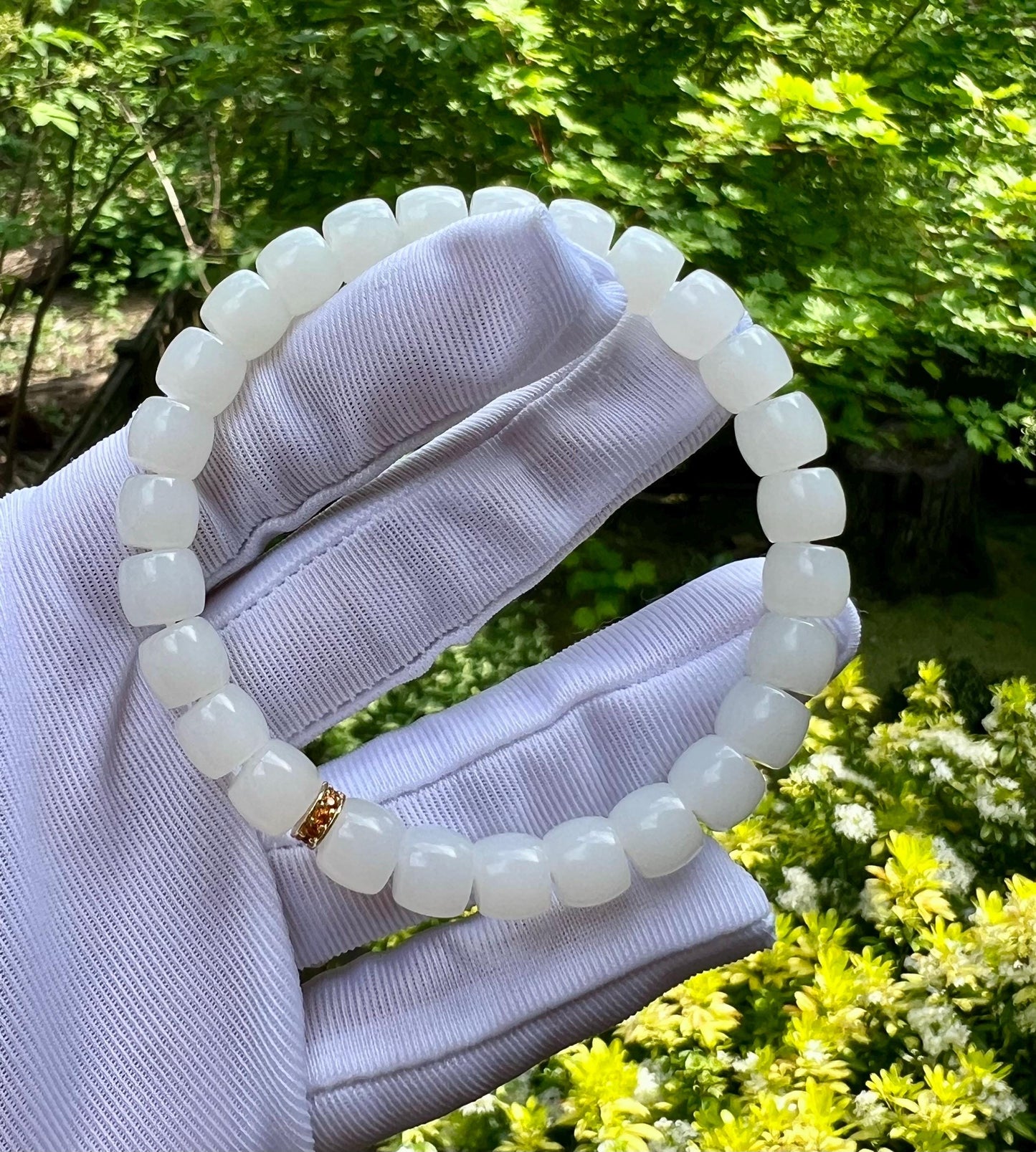7.8*6.7mm Certified natural jade/Siberian oily white Nephrite bracelet/straight cut beads/天然白玉手串 极限弧精工直切老型珠 柔亮光#4223 润白细