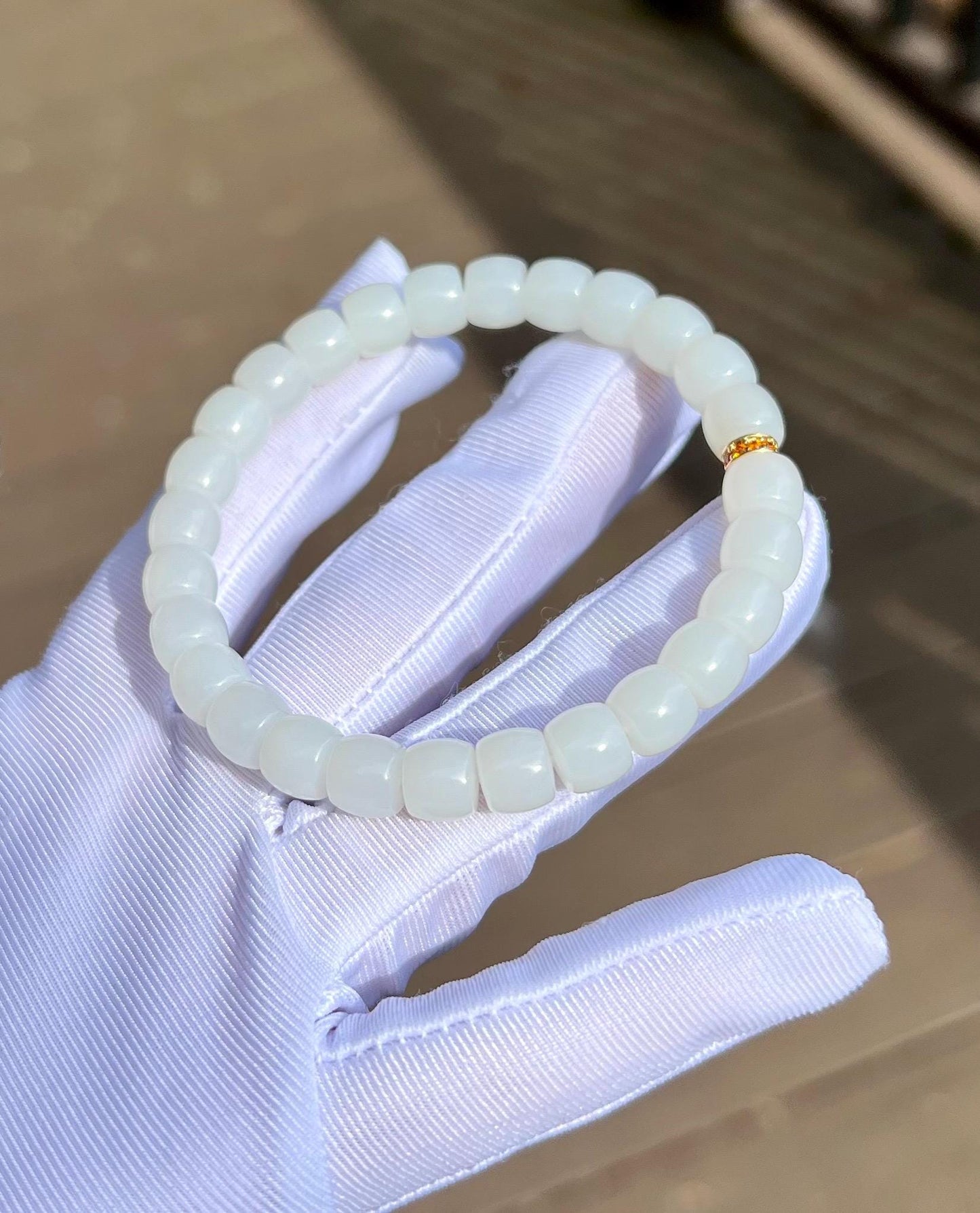 7.8*6.7mm Certified natural jade/Siberian oily white Nephrite bracelet/straight cut beads/天然白玉手串 极限弧精工直切老型珠 柔亮光#4223 润白细