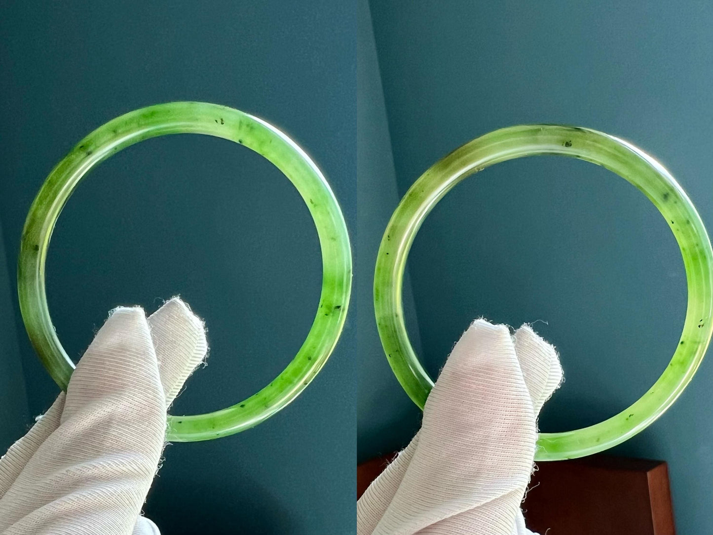 55.6mm Certified natural nephrite green jade/green nephrite dangling bangle/ 天然软玉 果阳绿碧玉手镯 叮当镯 #0112