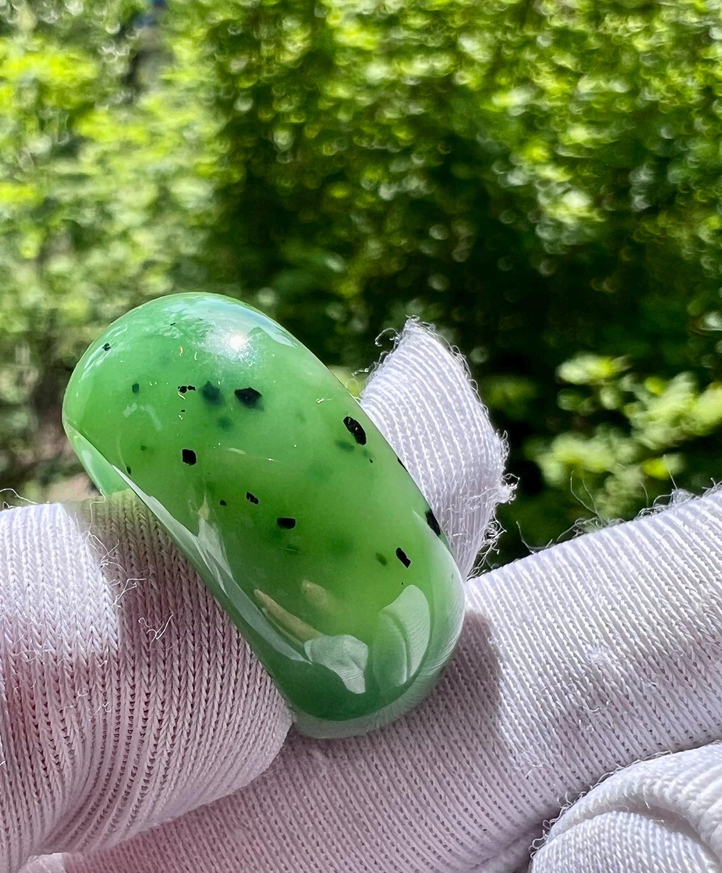 19.4mm Certified natural nephrite green jade/ green Nephrite ring/Thumb band ring/天然 碧玉 指环 戒指 果阳绿扳指 宽轮胎戒圈#8979 US size9