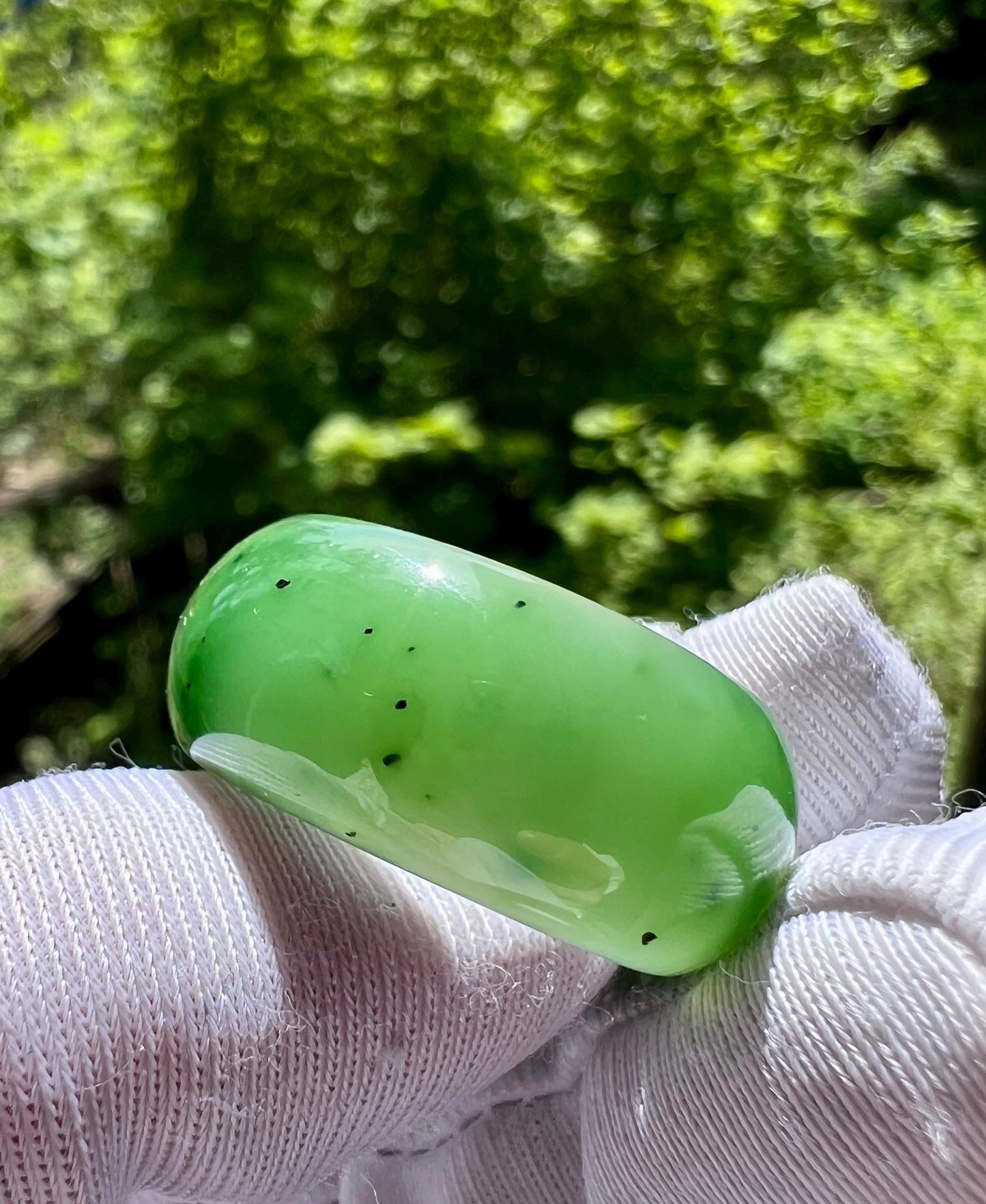 19.4mm Certified natural nephrite green jade/ green Nephrite ring/Thumb band ring/天然 碧玉 指环 戒指 果阳绿扳指 宽轮胎戒圈#8979 US size9