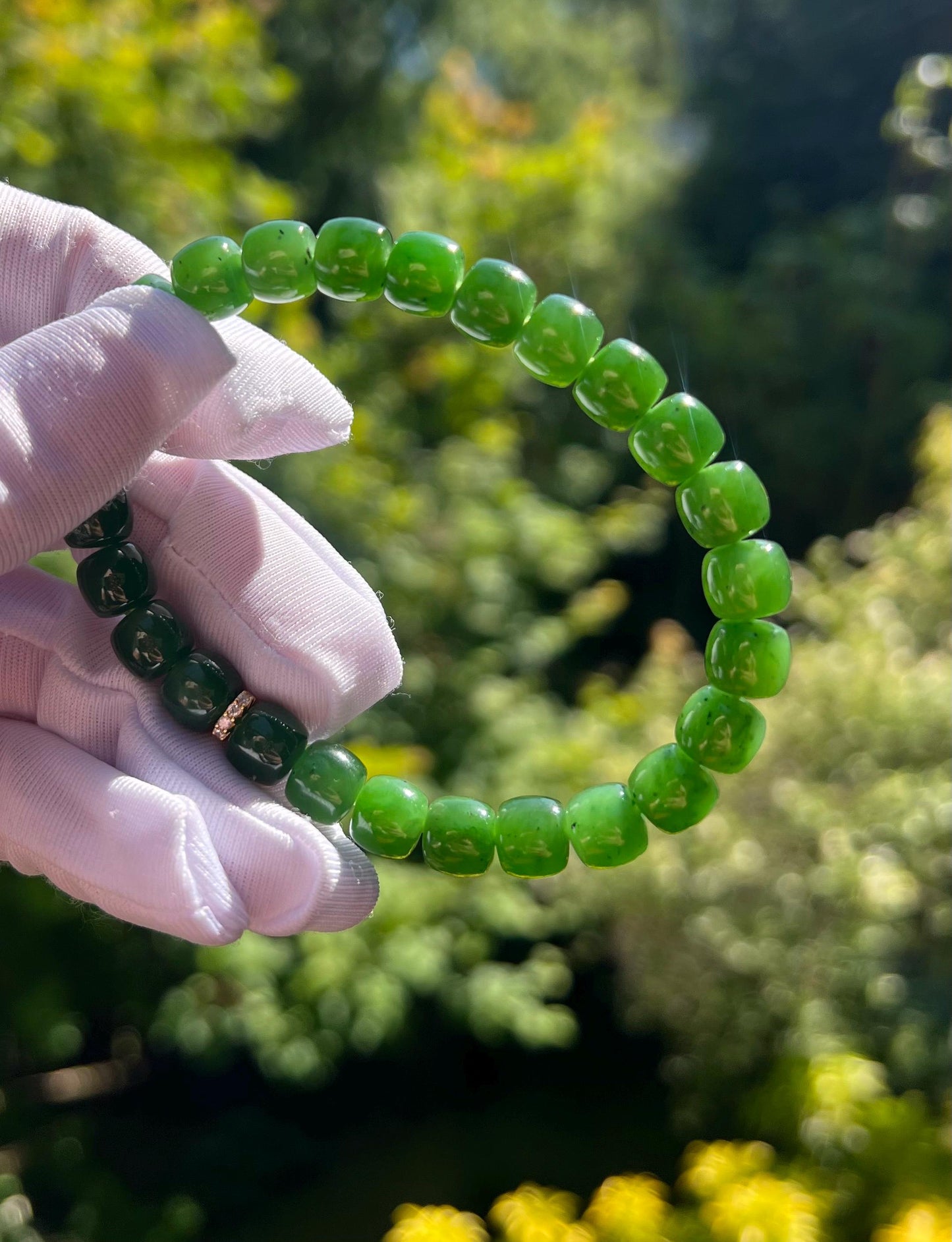 8*7mm Certified natural nephrite green jade /Siberian Green nephrite bracelet /rich green/straight cut beads天然碧玉 手串 辣阳绿 直切珠极限弧手串 #1733