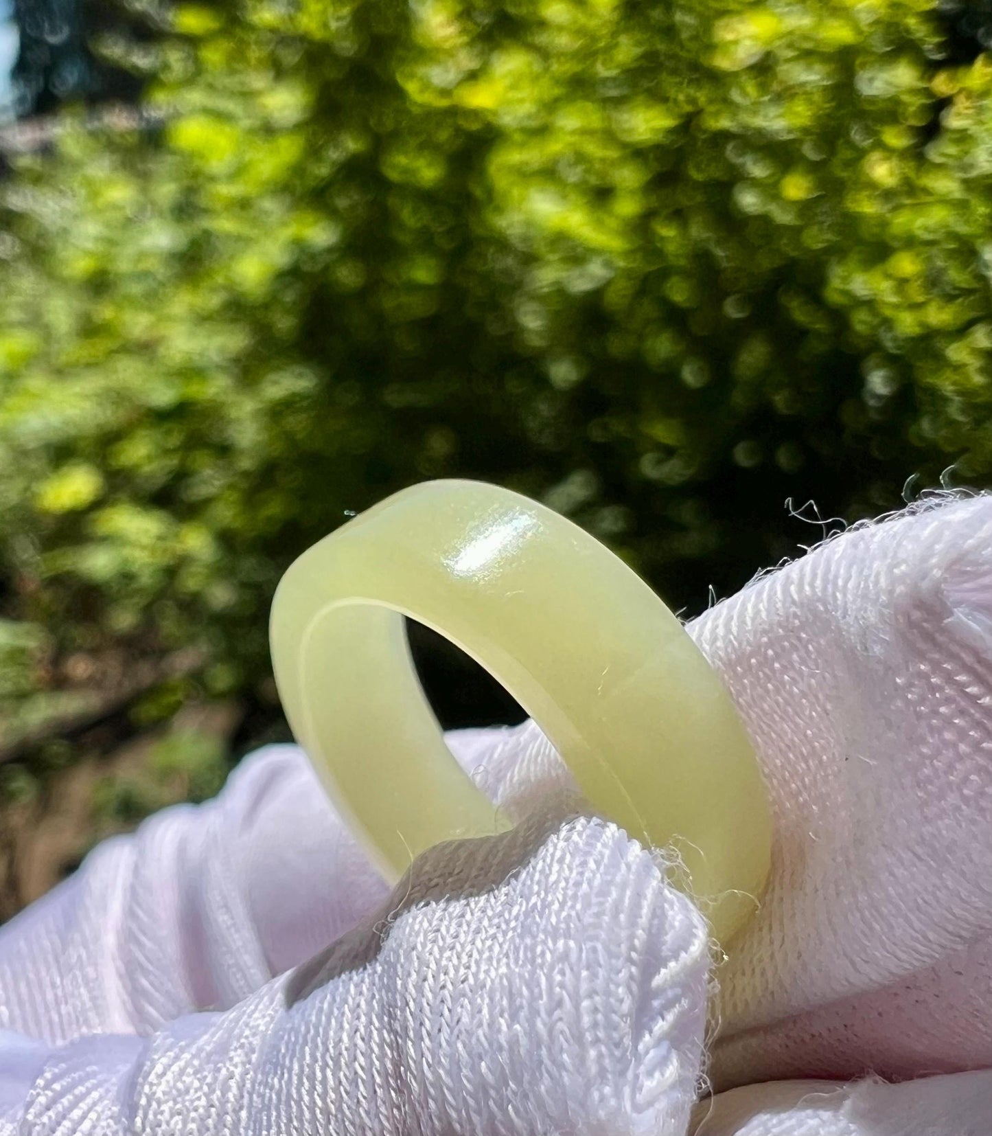 15.1mm Certified natural jade Qinghai greenish yellow nephrite ring/nephrite pinky ring 天然软玉 青海黄口料带翠调 戒指 指环 细糯润 尾戒#7261 直切戒圈 US size4 1/4