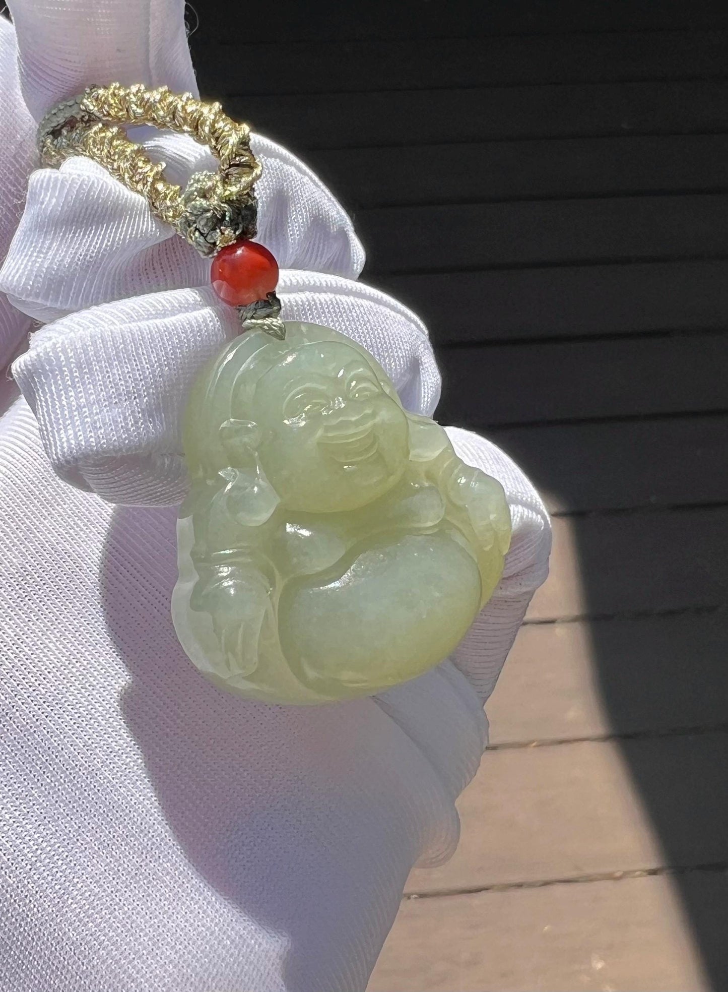 30mm Certified natural jade/greenish Nephrite carved Maitreya Buddha pendant/ necklace 天然软玉 晴水玉佛公吊坠 笑佛 弥勒佛#3176 油糯细润