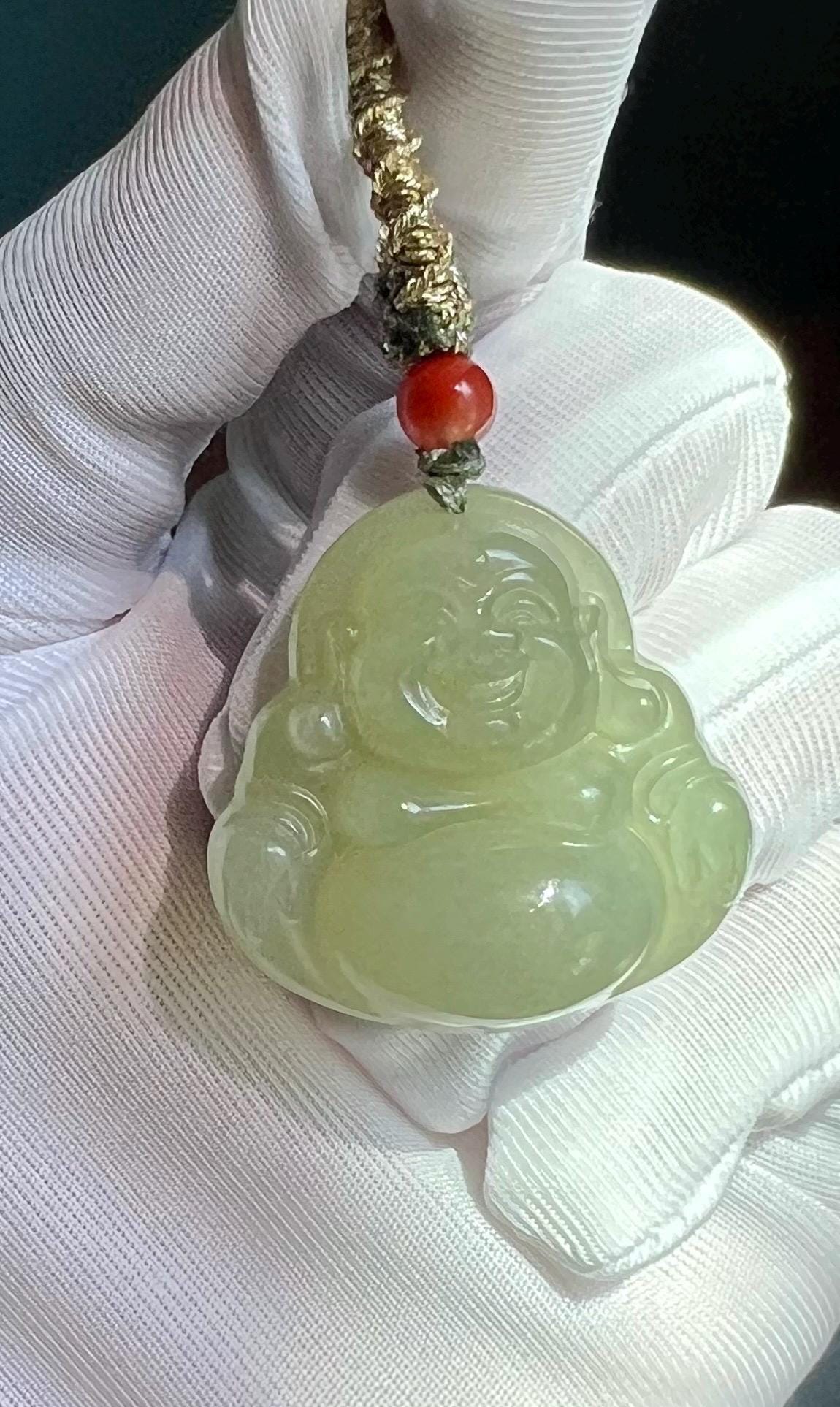 30mm Certified natural jade/greenish Nephrite carved Maitreya Buddha pendant/ necklace 天然软玉 晴水玉佛公吊坠 笑佛 弥勒佛#3176 油糯细润