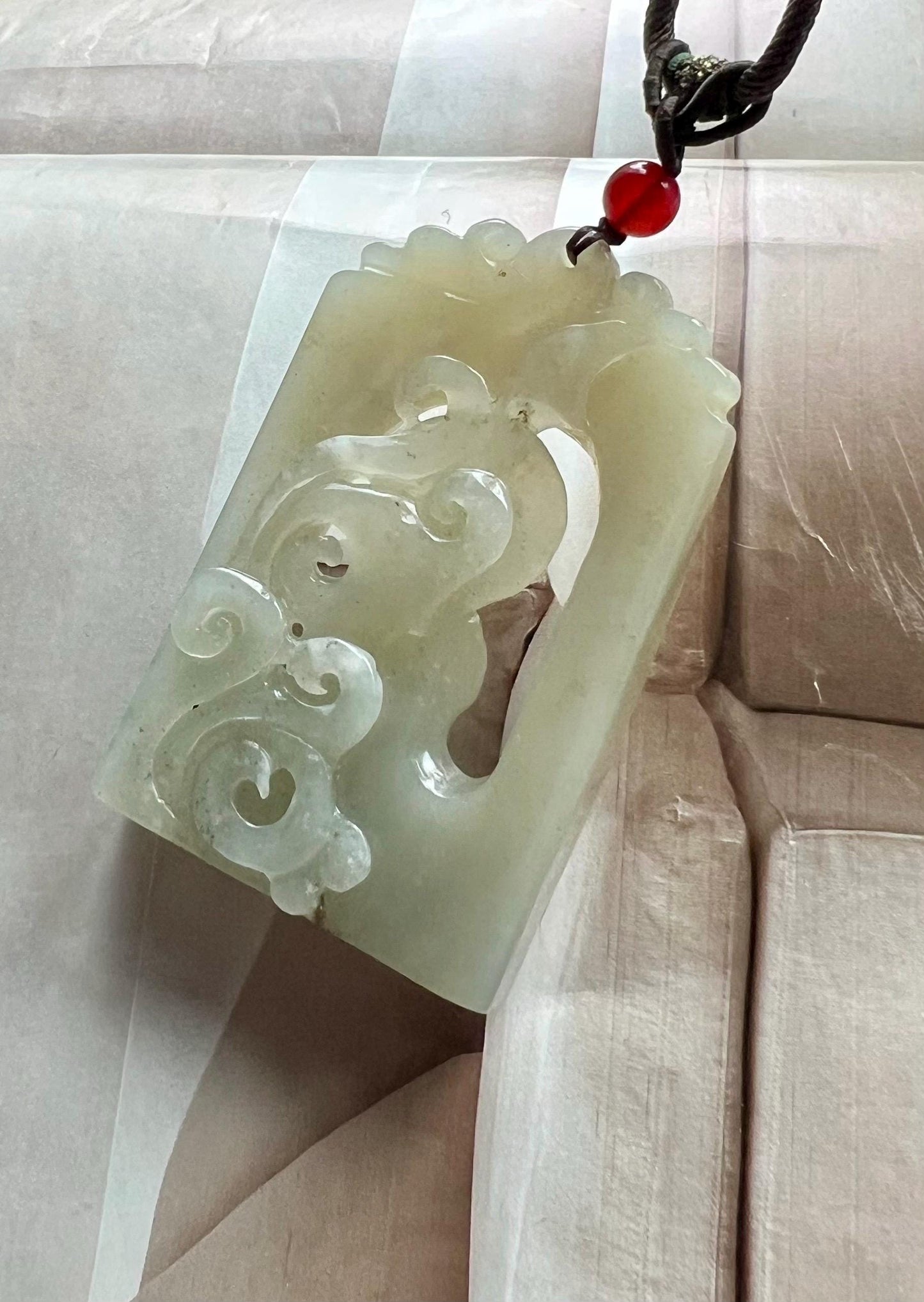 Certified natural jade/Yulong river Nephrite carved Enlightenment pendant/natural sprinkle golden skin color/天然软玉 白玉无事牌 吊坠 #5406 无相 悟道 洒金皮