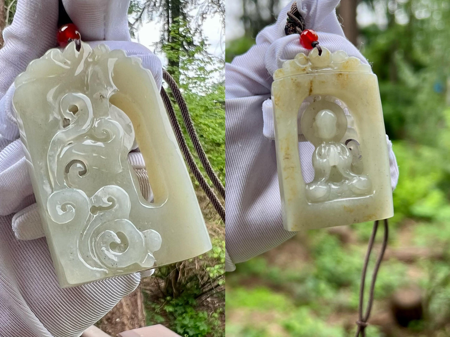 Certified natural jade/Yulong river Nephrite carved Enlightenment pendant/natural sprinkle golden skin color/天然软玉 白玉无事牌 吊坠 #5406 无相 悟道 洒金皮