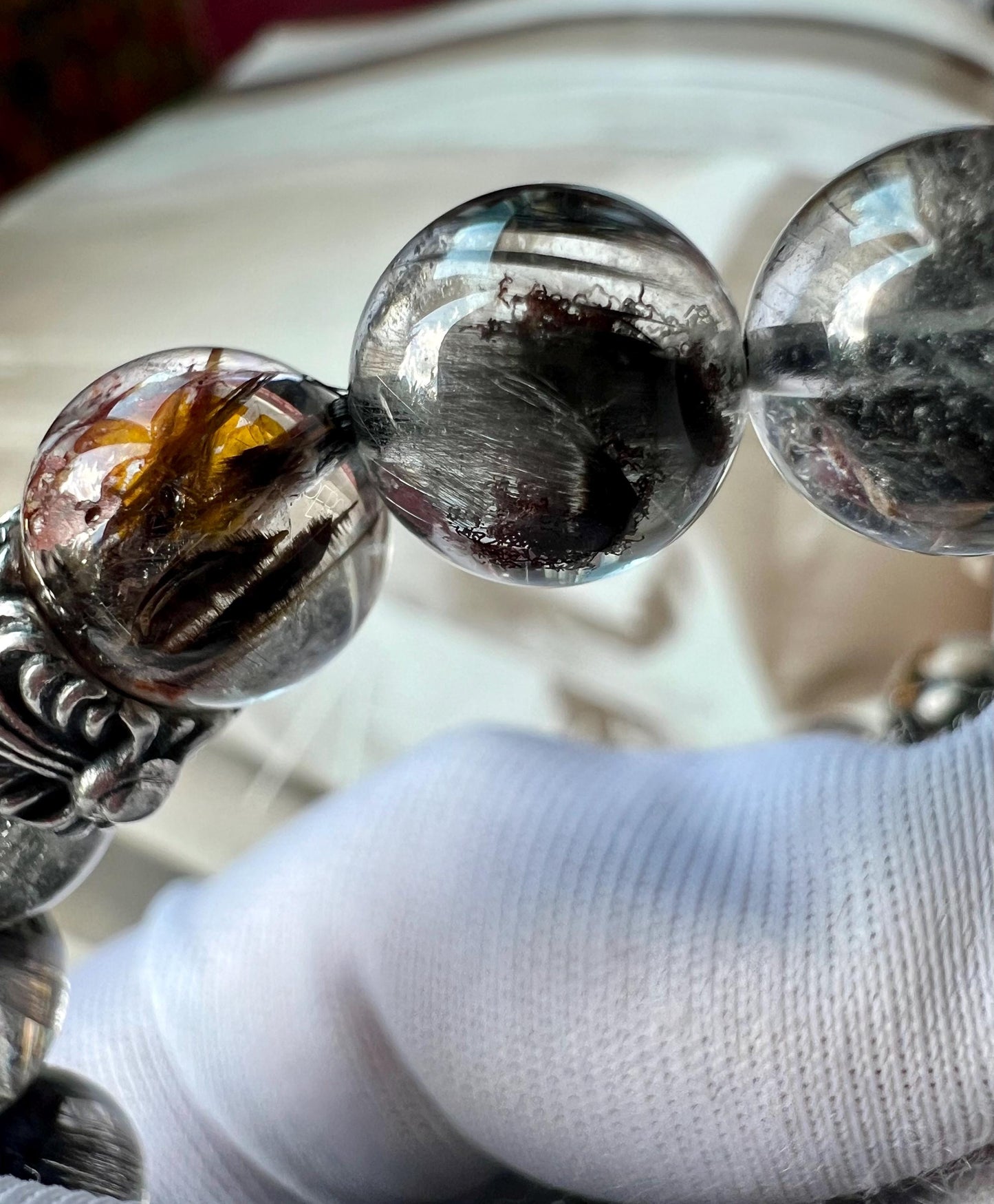 9~9.3mm Certified natural Brookite quartz bracelet/platy silver brookite /with Hematoid 天然黑银钛手链 板钛 黑银钛共生胶花#8381 净透无棉