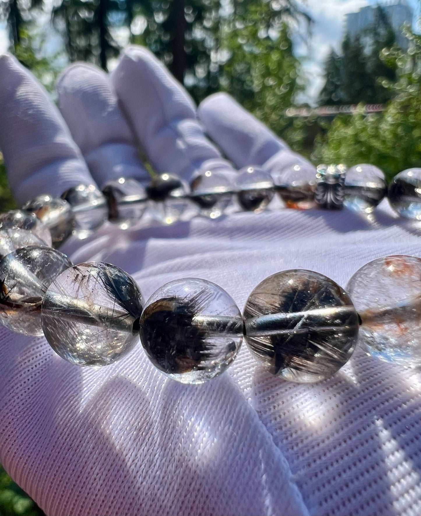 9~9.3mm Certified natural Brookite quartz bracelet/platy silver brookite /with Hematoid 天然黑银钛手链 板钛 黑银钛共生胶花#8381 净透无棉