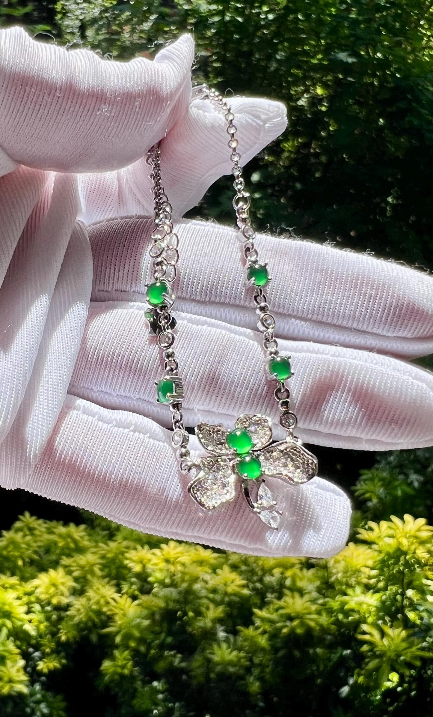 Certified natural Guatemala Grade A Jade/ icy green Jadiete sterling silver /flower shaped bracelet 天然A货危料翡翠 冰阳绿蝴蝶 纯银手链 #0961