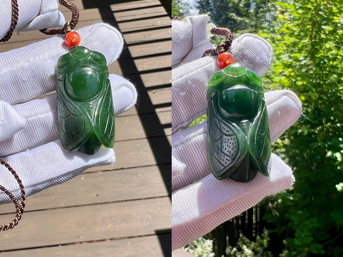 Certified natural nephrite green jade/green nephrite carved Cicada pendant necklace/spinach green天然碧玉 菠菜绿 雕刻金蝉/一鸣惊人 吊坠#5949