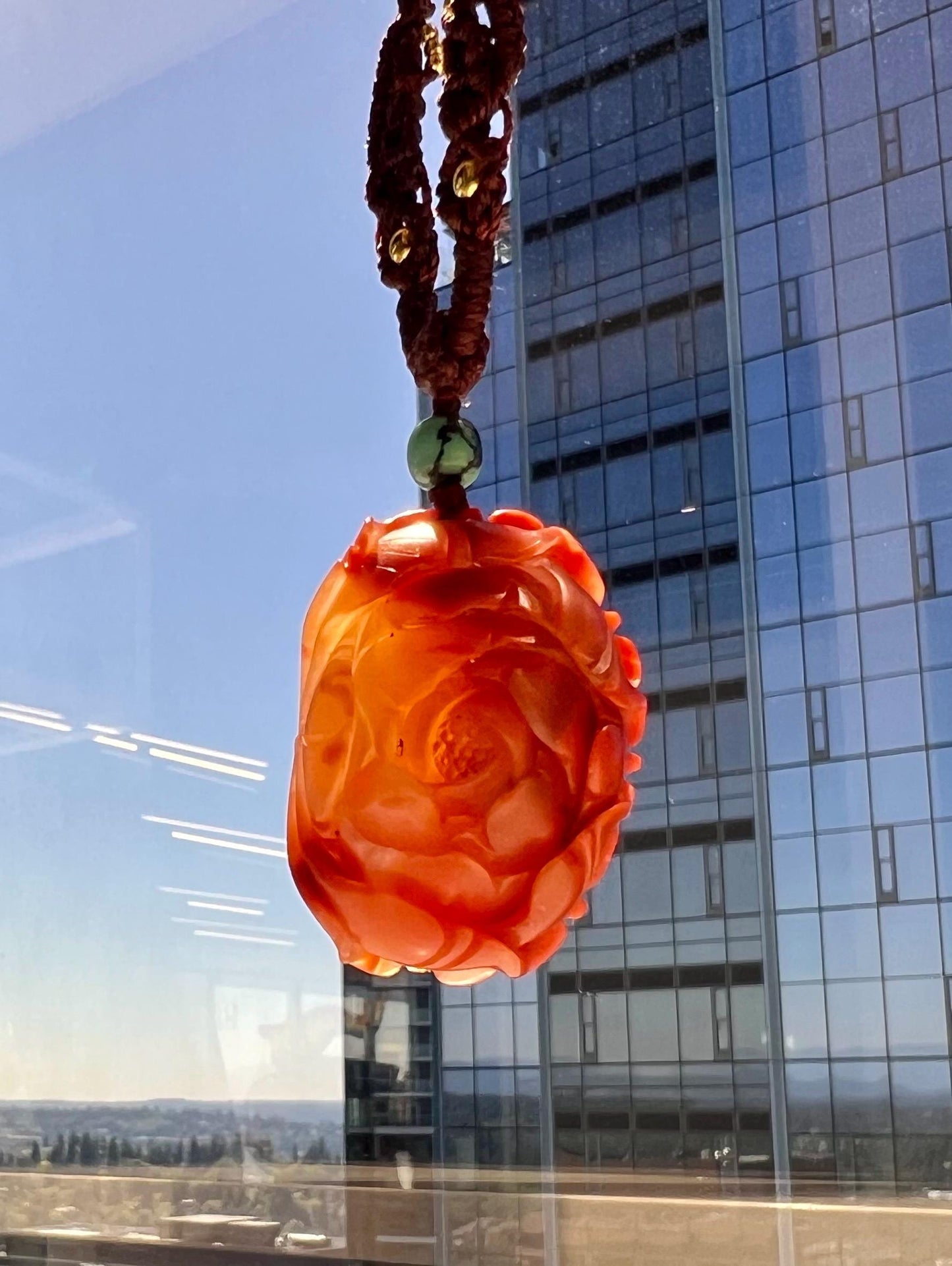 Certified natural Nanhong agate 3D hand carved Peony pendant necklace, Southern Red Agate Pendant天然无优化川料九口南红手工立体雕刻牡丹吊坠 人间富贵花 项链 #9430