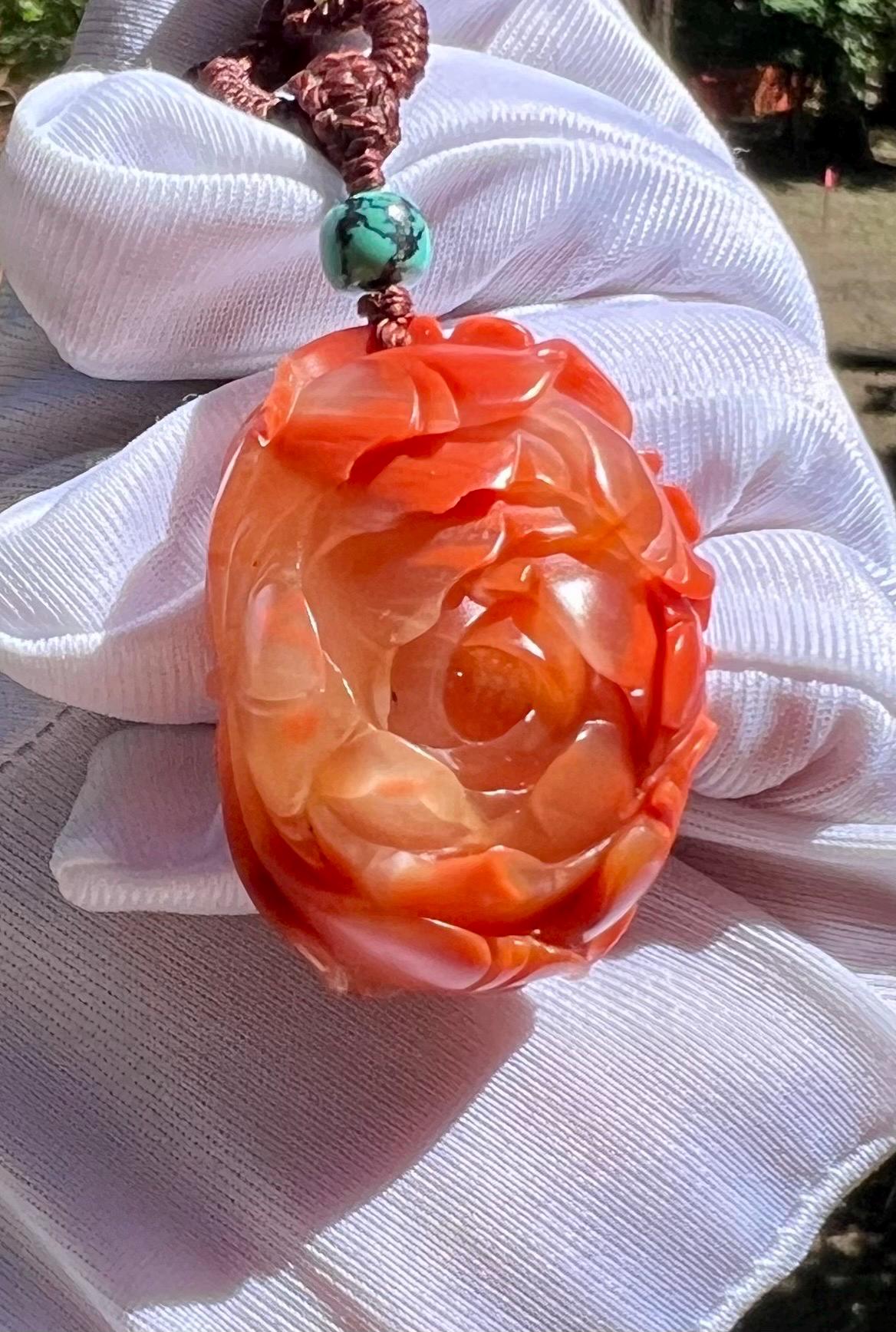 Certified natural Nanhong agate 3D hand carved Peony pendant necklace, Southern Red Agate Pendant天然无优化川料九口南红手工立体雕刻牡丹吊坠 人间富贵花 项链 #9430