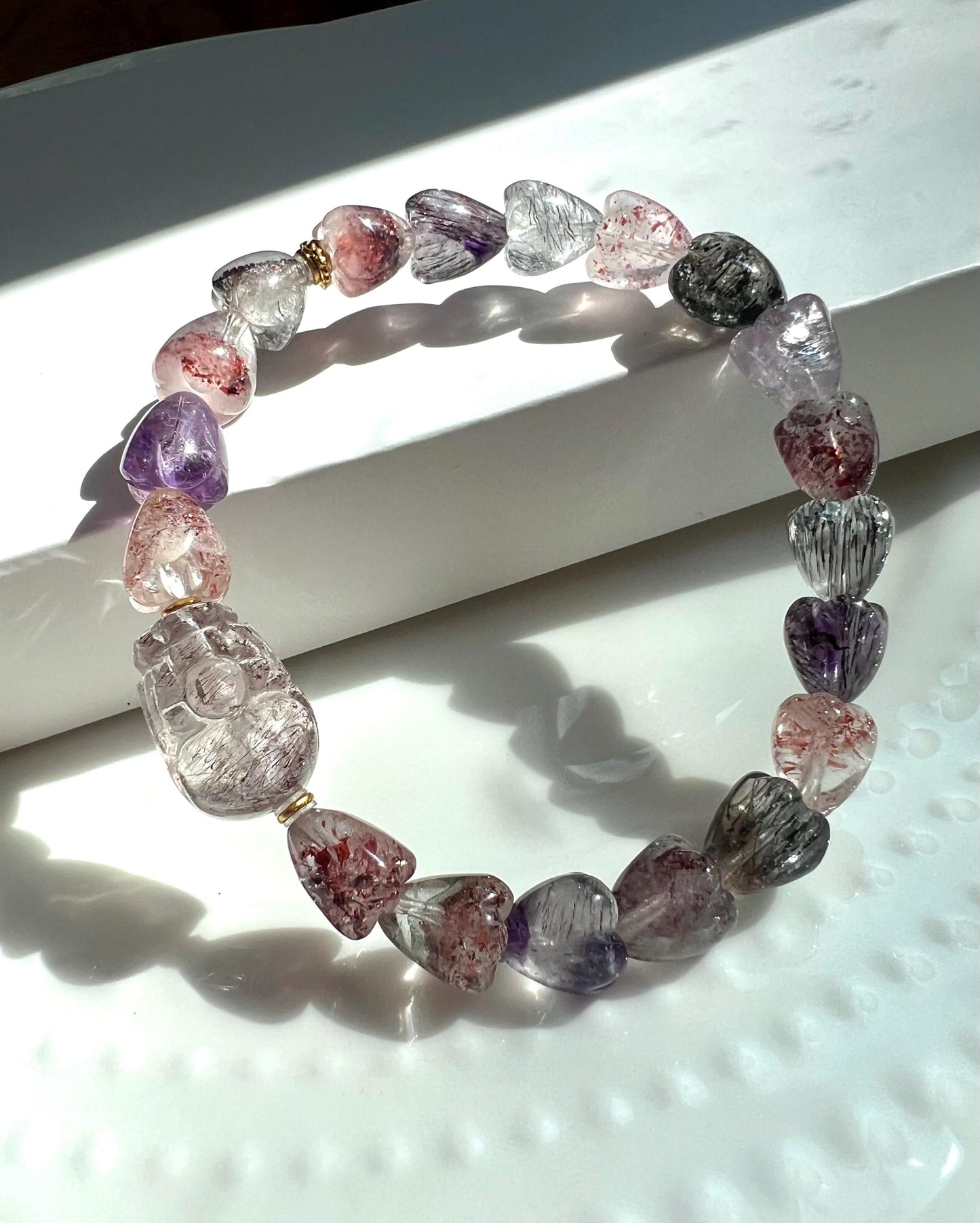 Certified natural Super Seven bracelet, Super 7 Quartz/ heart shaped beads 天然精品超七水晶手串 立体心形珠, Super seven 晶体干净内涵丰富#4245
