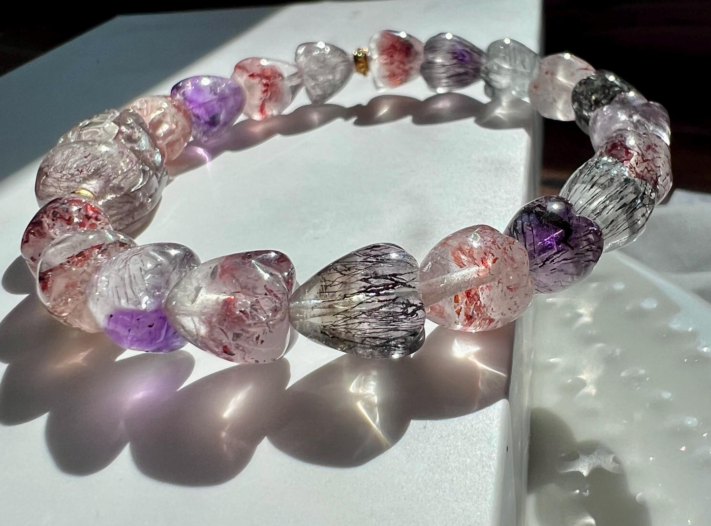 Certified natural Super Seven bracelet, Super 7 Quartz/ heart shaped beads 天然精品超七水晶手串 立体心形珠, Super seven 晶体干净内涵丰富#4245