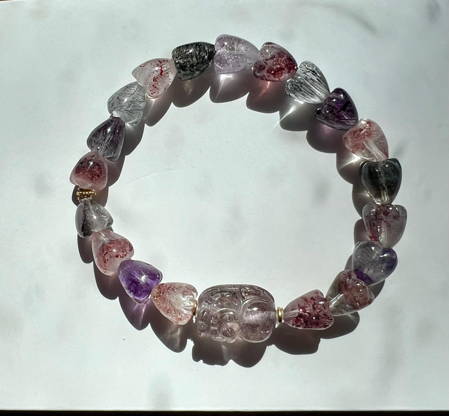 Certified natural Super Seven bracelet, Super 7 Quartz/ heart shaped beads 天然精品超七水晶手串 立体心形珠, Super seven 晶体干净内涵丰富#4245