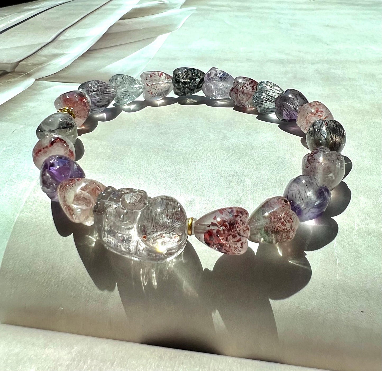 Certified natural Super Seven bracelet, Super 7 Quartz/ heart shaped beads 天然精品超七水晶手串 立体心形珠, Super seven 晶体干净内涵丰富#4245